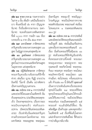 ไตรปฎก ไตรปฎก๑๑๕
๑๑๕
เลม ๒๘ ชาดก ภาค ๒ รวมคาถาอยาง
ในภาค ๑ นั้น เพิ่มอีก แตเปนเรื่องอยาง
ยาว ตั้งแตเรื่องมี ๕๐ คาถา (ปญญาส-
นิบาต) ถึงเรื่องมีคาถามากมาย (มหา-
นิบาต) จบลงดวยมหาเวสสันดรชาดก
ซึ่งมี ๑,๐๐๐ คาถา รวมอีก ๒๒ เรื่อง
บรรจบทั้ง ๒ ภาค เปน ๕๔๗ ชาดก
เลม ๒๙ มหานิทเทส ภาษิตของพระ
สารีบุตรอธิบายขยายความพระสูตร ๑๖
สูตร ในอัฏฐกวรรคแหงสุตตนิบาต
เลม ๓๐ จูฬนิทเทส ภาษิตของพระ
สารีบุตรอธิบายขยายความพระสูตร ๑๖
สูตรในปารายนวรรคและขัคควิสาณสูตร
ในอุรควรรค แหงสุตตนิบาต
เลม ๓๑ ปฏิสัมภิทามรรค ภาษิตของ
พระสารีบุตรอธิบายขอธรรมที่ลึกซึ้ง
ตางๆ เชนเรื่อง ญาณ ทิฏฐิ อานาปาน
อินทรีย วิโมกข เปนตน อยางพิสดาร
เปนทางแหงปญญาแตกฉาน
เลม ๓๒ อปทาน ภาค ๑ คาถาประพันธ
แสดงประวัติโดยเฉพาะในอดีตชาติ เริ่ม
ดวยพุทธอปทาน (ประวัติของพระพุทธ-
เจา) ปจเจกพุทธอปทาน (เรื่องราวของ
พระปจเจกพุทธเจา) ตอดวยเถร-
อปทาน (อัตตประวัติแหงพระอรหันต-
เถระ) เรียงลําดับเริ่มแตพระสารีบุตร
ตามดวยพระมหาโมคคัลลานะ พระ
มหากัสสปะ พระอนุรุทธะ พระปุณณ-
มันตานีบุตร พระอุบาลี พระอัญญา-
โกณฑัญญะ พระปณโฑลภารทวาชะ
พระขทิรวนิยเรวตะ พระอานนท ตอเรื่อย
ไปจนจบภาค ๑ รวมพระอรหันตเถระ
๔๑๐ รูป
เลม ๓๓ อปทาน ภาค ๒ คาถาประพันธ
แสดงอัตตประวัติพระอรหันตเถระตออีก
จนถึงรูปที่ ๕๕๐ ตอนั้นเปนเถรีอปทาน
แสดงเรื่องราวของพระอรหันตเถรี ๔๐
เรื่อง เริ่มดวยพระเถรีที่ไมคุนนาม ๑๖
รูป ตอดวยพระเถรีที่สําคัญเรียงลําดับ
คือพระมหาปชาบดีโคตมี พระเขมา
พระอุบลวรรณา พระปฏาจารา พระ
กุณฑลเกสี พระกีสาโคตมี พระธรรม-
ทินนา พระสกุลา พระนันทา พระโสณา
พระภัททกาปลานี พระยโสธรา และ
ทานอื่นๆ ตอไปจนจบ ครั้นจบอปทาน
แลว ทายเลม ๓๓ นี้ มีคัมภีร พุทธวงส
เปนคาถาประพันธแสดงเรื่องของพระ
พุทธเจาในอดีต ๒๔ พระองคที่พระ
พุทธเจาพระองคปจจุบันเคยไดทรงเฝา
และไดรับพยากรณ จนถึงประวัติของ
พระองคเอง รวมเปนพระพุทธเจา ๒๕
พระองค จบแลวมีคัมภีรสั้นๆ ชื่อ
จริยาปฎก เปนทายสุด แสดงพุทธจริยา
ในอดีตชาติ ๓๕ เรื่องที่มีแลวในชาดก
แตเลาดวยคาถาประพันธใหม ชี้ตัวอยาง
การบําเพ็ญบารมีบางขอ
 