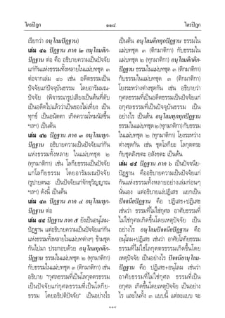 ไตรปฎก ไตรปฎก๑๑๘
๑๑๘
เรียกวา อนุโลมปฏฐาน)
เลม ๔๑ ปฏฐาน ภาค ๒ อนุโลมติก-
ปฏฐาน ตอ คือ อธิบายความเปนปจจัย
แกกันแหงธรรมทั้งหลายในแมบทชุด ๓
ตอจากเลม ๔๐ เชน อดีตธรรมเปน
ปจจัยแกปจจุบันธรรม โดยอารัมมณ-
ปจจัย (พิจารณารูปเสียงเปนตนที่ดับ
เปนอดีตไปแลววาเปนของไมเที่ยง เปน
ทุกข เปนอนัตตา เกิดความโทมนัสขึ้น
ฯลฯ) เปนตน
เลม ๔๒ ปฏฐาน ภาค ๓ อนุโลมทุก-
ปฏฐาน อธิบายความเปนปจจัยแกกัน
แหงธรรมทั้งหลาย ในแมบทชุด ๒
(ทุกมาติกา) เชน โลกียธรรมเปนปจจัย
แกโลกียธรรม โดยอารัมมณปจจัย
(รูปายตนะ เปนปจจัยแกจักขุวิญญาณ
ฯลฯ) ดังนี้ เปนตน
เลม ๔๓ ปฏฐาน ภาค ๔ อนุโลมทุก-
ปฏฐาน ตอ
เลม ๔๔ ปฏฐานภาค๕ ยังเปนอนุโลม-
ปฏฐาน แตอธิบายความเปนปจจัยแกกัน
แหงธรรมทั้งหลายในแมบทตางๆ ขามชุด
กันไปมา ประกอบดวย อนุโลมทุกติก-
ปฏฐาน ธรรมในแมบทชุด ๒ (ทุกมาติกา)
กับธรรมในแมบทชุด ๓ (ติกมาติกา) เชน
อธิบาย “กุศลธรรมที่เปนโลกุตตรธรรม
เปนปจจัยแกกุศลธรรมที่เปนโลกีย-
ธรรม โดยอธิปติปจจัย” เปนอยางไร
เปนตน อนุโลมติกทุกปฏฐาน ธรรมใน
แมบทชุด ๓ (ติกมาติกา) กับธรรมใน
แมบทชุด ๒ (ทุกมาติกา) อนุโลมติกติก-
ปฏฐาน ธรรมในแมบทชุด ๓ (ติกมาติกา)
กับธรรมในแมบทชุด ๓ (ติกมาติกา)
โยงระหวางตางชุดกัน เชน อธิบายวา
กุศลธรรมที่เปนอดีตธรรมเปนปจจัยแก
อกุศลธรรมที่เปนปจจุบันธรรม เปน
อยางไร เปนตน อนุโลมทุกทุกปฏฐาน
ธรรมในแมบทชุด๒(ทุกมาติกา)กับธรรม
ในแมบทชุด ๒ (ทุกมาติกา) โยงระหวาง
ตางชุดกัน เชน ชุดโลกียะ โลกุตตระ
กับชุดสังขตะ อสังขตะ เปนตน
เลม ๔๕ ปฏฐาน ภาค ๖ เปนปจจนีย-
ปฏฐาน คืออธิบายความเปนปจจัยแก
กันแหงธรรมทั้งหลายอยางเลมกอนๆ
นั่นเอง แตอธิบายแงปฏิเสธ แยกเปน
ปจจนียปฏฐาน คือ ปฏิเสธ+ปฏิเสธ
เชนวา ธรรมที่ไมใชกุศล อาศัยธรรมที่
ไมใชกุศลเกิดขึ้นโดยเหตุปจจัย เปน
อยางไร อนุโลมปจจนียปฏฐาน คือ
อนุโลม+ปฏิเสธ เชนวา อาศัยโลกิยธรรม
ธรรมที่ไมใชโลกุตตรธรรมเกิดขึ้นโดย
เหตุปจจัย เปนอยางไร ปจจนียานุโลม-
ปฏฐาน คือ ปฏิเสธ+อนุโลม เชนวา
อาศัยธรรมที่ไมใชกุศล ธรรมที่เปน
อกุศล เกิดขึ้นโดยเหตุปจจัย เปนอยาง
ไร และในทั้ง ๓ แบบนี้ แตละแบบ จะ
 