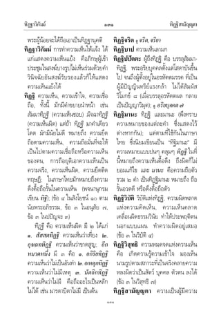 ทิฏฐาวิกัมม ทิฏฐิสามัญญตา๑๓๑
๑๓๑
พระผูนอยจะไดถือเอาเปนทิฏฐานุคติ
ทิฏฐาวิกัมม การทําความเห็นใหแจง ได
แกแสดงความเห็นแยง คือภิกษุผูเขา
ประชุมในสงฆบางรูปไมเห็นรวมดวยคํา
วินิจฉัยอันสงฆรับรองแลวก็ใหแสดง
ความเห็นแยงได
ทิฏฐิ ความเห็น, ความเขาใจ, ความเชื่อ
ถือ, ทั้งนี้ มักมีคําขยายนําหนา เชน
สัมมาทิฏฐิ (ความเห็นชอบ) มิจฉาทิฏฐิ
(ความเห็นผิด) แตถา ทิฏฐิ มาคําเดียว
โดด มักมีนัยไมดี หมายถึง ความยึด
ถือตามความเห็น, ความถือมั่นที่จะให
เปนไปตามความเชื่อถือหรือความเห็น
ของตน, การถือยุติเอาความเห็นเปน
ความจริง, ความเห็นผิด, ความยึดติด
ทฤษฎี; ในภาษาไทยมักหมายถึงความ
ดึงดื้อถือรั้นในความเห็น (พจนานุกรม
เขียน ทิฐิ); (ขอ ๔ ในสังโยชน ๑๐ ตาม
นัยพระอภิธรรม, ขอ ๓ ในอนุสัย ๗,
ขอ ๓ ในปปญจะ ๓)
ทิฏฐิ คือ ความเห็นผิด มี ๒ ไดแก
๑. สัสสตทิฏฐิ ความเห็นวาเที่ยง ๒.
อุจเฉททิฏฐิ ความเห็นวาขาดสูญ; อีก
หมวดหนึ่ง มี ๓ คือ ๑. อกิริยทิฏฐิ
ความเห็นวาไมเปนอันทํา ๒.อเหตุกทิฏฐิ
ความเห็นวาไมมีเหตุ ๓. นัตถิกทิฏฐิ
ความเห็นวาไมมี คือถืออะไรเปนหลัก
ไมได เชน มารดาบิดาไมมี เปนตน
ทิฏฐิจริต ดู จริต,จริยา
ทิฏฐิบาป ความเห็นลามก
ทิฏฐิปปตตะ ผูถึงทิฏฐิ คือ บรรลุสัมมา-
ทิฏฐิ, พระอริยบุคคลตั้งแตโสดาบันขึ้น
ไป จนถึงผูตั้งอยูในอรหัตตมรรค ที่เปน
ผูมีปญญินทรียแรงกลา ไมไดสัมผัส
วิโมกข ๘ (เมื่อบรรลุอรหัตตผล กลาย
เปนปญญาวิมุต); ดู อริยบุคคล๗
ทิฏฐิมานะ ทิฏฐิ และมานะ (พึงทราบ
ความหมายของแตละคํา ซึ่งแสดงไว
ตางหากกัน); แตตามที่ใชกันในภาษา
ไทย ซึ่งนิยมเขียนเปน “ทิฐิมานะ” มี
ความหมายแบบปนๆ คลุมๆ ทิฏฐิ ในที่
นี้หมายถึงความเห็นดื้อดึง ถึงผิดก็ไม
ยอมแกไข และ มานะ คือความถือตัว
รวม ๒ คํา เปนทิฏฐิมานะ หมายถึง ถือ
รั้นอวดดี หรือดึงดื้อถือตัว
ทิฏฐิวิบัติ วิบัติแหงทิฏฐิ, ความผิดพลาด
แหงความคิดเห็น, ความเห็นคลาด
เคลื่อนผิดธรรมวินัย ทําใหประพฤติตน
นอกแบบแผน ทําความผิดอยูเสมอ
(ขอ ๓ ในวิบัติ ๔)
ทิฏฐิวิสุทธิ ความหมดจดแหงความเห็น
คือ เกิดความรูความเขาใจ มองเห็น
นามรูปตามสภาวะที่เปนจริงคลายความ
หลงผิดวาเปนสัตว บุคคล ตัวตน ลงได
(ขอ ๓ ในวิสุทธิ ๗)
ทิฏฐิสามัญญตา ความเปนผูมีความ
 