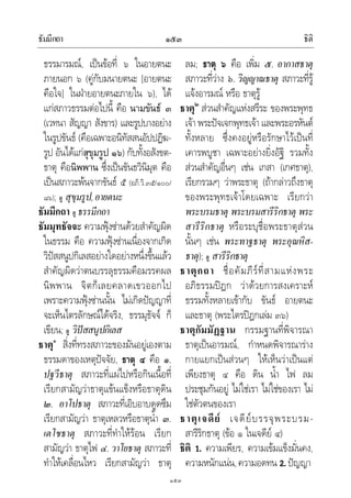 ธัมมีกถา ธิติ๑๕๓
๑๕๓
ธรรมารมณ, เปนขอที่ ๖ ในอายตนะ
ภายนอก ๖ (คูกับมนายตนะ [อายตนะ
คือใจ] ในฝายอายตนะภายใน ๖), ได
แกสภาวธรรมตอไปนี้ คือ นามขันธ ๓
(เวทนา สัญญา สังขาร) และรูปบางอยาง
ในรูปขันธ (คือเฉพาะอนิทัสสนอัปปฏิฆ-
รูป อันไดแกสุขุมรูป ๑๖) กับทั้งอสังขต-
ธาตุ คือนิพพาน ซึ่งเปนขันธวินิมุต คือ
เปนสภาวะพนจากขันธ ๕ (อภิ.วิ.๓๕/๑๐๐/
๘๖); ดู สุขุมรูป,อายตนะ
ธัมมีกถา ดู ธรรมีกถา
ธัมมุทธัจจะ ความฟุงซานดวยสําคัญผิด
ในธรรม คือ ความฟุงซานเนื่องจากเกิด
วิปสสนูปกิเลสอยางใดอยางหนึ่งขึ้นแลว
สําคัญผิดวาตนบรรลุธรรมคือมรรคผล
นิพพาน จิตก็เลยคลาดเขวออกไป
เพราะความฟุงซานนั้น ไมเกิดปญญาที่
จะเห็นไตรลักษณไดจริง, ธรรมุธัจจ ก็
เขียน; ดู วิปสสนูปกิเลส
ธาตุ๑
สิ่งที่ทรงสภาวะของมันอยูเองตาม
ธรรมดาของเหตุปจจัย, ธาตุ ๔ คือ ๑.
ปฐวีธาตุ สภาวะที่แผไปหรือกินเนื้อที่
เรียกสามัญวาธาตุแขนแข็งหรือธาตุดิน
๒. อาโปธาตุ สภาวะที่เอิบอาบดูดซึม
เรียกสามัญวา ธาตุเหลวหรือธาตุน้ํา ๓.
เตโชธาตุ สภาวะที่ทําใหรอน เรียก
สามัญวา ธาตุไฟ ๔. วาโยธาตุ สภาวะที่
ทําใหเคลื่อนไหว เรียกสามัญวา ธาตุ
ลม; ธาตุ ๖ คือ เพิ่ม ๕. อากาสธาตุ
สภาวะที่วาง ๖. วิญญาณธาตุ สภาวะที่รู
แจงอารมณ หรือ ธาตุรู
ธาตุ๒
สวนสําคัญแหงสรีระ ของพระพุทธ
เจา พระปจเจกพุทธเจา และพระอรหันต
ทั้งหลาย ซึ่งคงอยูหรือรักษาไวเปนที่
เคารพบูชา เฉพาะอยางยิ่งอัฐิ รวมทั้ง
สวนสําคัญอื่นๆ เชน เกสา (เกศธาตุ),
เรียกรวมๆ วาพระธาตุ (ถากลาวถึงธาตุ
ของพระพุทธเจาโดยเฉพาะ เรียกวา
พระบรมธาตุ พระบรมสารีริกธาตุ พระ
สารีริกธาตุ หรือระบุชื่อพระธาตุสวน
นั้นๆ เชน พระทาฐธาตุ พระอุณหิส-
ธาตุ); ดู สารีริกธาตุ
ธาตุกถา ชื่อคัมภีรที่สามแหงพระ
อภิธรรมปฎก วาดวยการสงเคราะห
ธรรมทั้งหลายเขากับ ขันธ อายตนะ
และธาตุ (พระไตรปฎกเลม ๓๖)
ธาตุกัมมัฏฐาน กรรมฐานที่พิจารณา
ธาตุเปนอารมณ, กําหนดพิจารณาราง
กายแยกเปนสวนๆ ใหเห็นวาเปนแต
เพียงธาตุ ๔ คือ ดิน น้ํา ไฟ ลม
ประชุมกันอยู ไมใชเรา ไมใชของเรา ไม
ใชตัวตนของเรา
ธาตุเจดีย เจดียบรรจุพระบรม-
สารีริกธาตุ (ขอ ๑ ในเจดีย ๔)
ธิติ 1. ความเพียร, ความเขมแข็งมั่นคง,
ความหนักแนน,ความอดทน 2. ปญญา
 