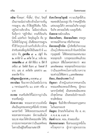กสิณ กัณฑกสามเณร๙
๙
กสิณ “ทั้งหมด”, “ทั้งสิ้น”, “ลวน”, วัตถุที่
เปนอารมณอยางเดียวลวนในการเจริญ
กรรมฐาน เชน ถาใชปฐวีคือดิน ก็เปน
ปฐวีอยางเดียวลวน ไมมีอยางอื่นปน
จึงเรียกวา “ปฐวีกสิณ”, ตามที่เรียนกัน
บัดนี้ แปลกันวา วัตถุอันจูงใจ คือ จูง
ใจใหเขาไปผูกอยู, เปนชื่อของกรรมฐาน
ที่ใชวัตถุของลวนหรือสีเดียวลวน
สําหรับเพงเพื่อจูงจิตใหเปนสมาธิ มี ๑๐
อยาง คือ ภูตกสิณ ๔: ๑. ปฐวี ดิน
๒.อาโป น้ํา ๓. เตโช ไฟ ๔. วาโย ลม;
วรรณกสิณ ๔: ๕. นีลํ สีเขียว ๖. ปตํ สี
เหลือง ๗. โลหิตํ สีแดง ๘. โอทาตํ สี
ขาว; และ ๙. อาโลโก แสงสวาง ๑๐.
อากาโส ที่วาง
กสิณุคฆาฏิมากาศ ดู อากาศ๓,๔
กหาปณะ ชื่อมาตราเงินในสมัยโบราณ
๑ กหาปณะเทากับ ๒๐ มาสก หรือ ๔
บาท
กะเทย คนหรือสัตวที่ไมปรากฏวาเปน
ชายหรือหญิง
กังขาเรวตะ พระมหาสาวกองคหนึ่ง
เดิมเปนบุตรของตระกูลที่มั่งคั่ง ชาวพระ
นครสาวัตถี ไดฟงพระธรรมเทศนาที่
พระศาสดาทรงแสดง มีความเลื่อมใส
ขอบวช ตอมาไดสําเร็จพระอรหัต ไดรับ
ยกยองจากพระศาสดาวาเปนเอตทัคคะ
ในทางเปนผูยินดีในฌานสมาบัติ
กังขาวิตรณวิสุทธิ ความบริสุทธิ์ดวย
หมดสงสัยในนามรูป คือ กําหนดรูปจจัย
แหงนามรูปไดวา เพราะอะไรเกิด นามรูป
จึงเกิด เพราะอะไรดับ นามรูปจึงดับ
กังสดาล ระฆังวงเดือน
กัจจานโคตร, กัจจายนโคตร ตระกูล
พราหมณกัจจานะ หรือกัจจายนะ
กัจจายนปุโรหิต ปุโรหิตชื่อกัจจายนะ
เปนปุโรหิตของพระเจาจัณฑปชโชต
กรุงอุชเชนี ไดฟงพระธรรมเทศนาของ
พระพุทธเจา บรรลุพระอรหัตแลวขอ
อุปสมบท มีชื่อในพระศาสนาวา พระ
มหากัจจายนะ พระพุทธเจาทรงยกยอง
วาเปนเอตทัคคะในทางอธิบายความ
ของคํายอใหพิสดาร; ดู มหากัจจายนะ
กัจฉะ, กัจฉประเทศ รักแร
กัญจนา เจาหญิงแหงเทวทหนครเปน
พระมเหสีของพระเจาสีหหนุ ผูครอง
นครกบิลพัสดุ เปนพระชนนีของพระ
เจาสุทโธทนะ เปนพระอัยยิกาของเจา
ชายสิทธัตถะ
กัณฐกะ ชื่อมาสีขาวที่พระมหาบุรุษทรง
ในวันออกผนวช
กัณฐชะ อักษรเกิดในลําคอ คือ อ, อา,
ก,ข,ค,ฆ,งและ ห
กัณฑ หมวด, ตอน, สวนของเรื่อง
กัณฑกสามเณร ชื่อสามเณรรูปหนึ่งใน
ครั้งพุทธกาล ผูกลาวตูพระธรรม
 