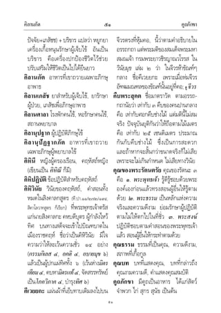 คิลานภัต คูถภักขา๕๑
๕๑
ปจจัย+เภสัชช) + บริขาร แปลวา หยูกยา
เครื่องเกื้อหนุนรักษาผูเจ็บไข อันเปน
บริขาร คือเครื่องปกปองชีวิตไวชวย
ปรับเสริมใหชีวิตเปนไปไดยืนยาว
คิลานภัต อาหารที่เขาถวายเฉพาะภิกษุ
อาพาธ
คิลานเภสัช ยาสําหรับผูเจ็บไข, ยารักษา
ผูปวย, เภสัชเพื่อภิกษุอาพาธ
คิลานศาลา โรงพักคนไข, หอรักษาคนไข,
สถานพยาบาล
คิลานุปฐาก ผูปฏิบัติภิกษุไข
คิลานุปฏฐากภัต อาหารที่เขาถวาย
เฉพาะภิกษุผูพยาบาลไข
คิหินี หญิงผูครองเรือน, คฤหัสถหญิง
(เขียนเปน คิหิณี ก็มี)
คิหิปฏิบัติ ขอปฏิบัติสําหรับคฤหัสถ
คิหิวินัย วินัยของคฤหัสถ, คําสอนทั้ง
หมดในสิงคาลกสูตร (ที.ปา.๑๑/๒๗๒/๑๙๔,
สิคาโลวาทสูตร ก็เรียก) ที่พระพุทธเจาตรัส
แกนายสิงคาลกะ คหบดีบุตร ผูกําลังไหว
ทิศ บนทางเสด็จจะเขาไปบิณฑบาตใน
เมืองราชคฤห ชื่อวาเปนคิหิวินัย มีใจ
ความวาใหละเวนความชั่ว ๑๔ อยาง
(กรรมกิเลส ๔, อคติ ๔, อบายมุข ๖)
แลวเปนผูปกแผทิศทั้ง ๖ (เวนหางมิตร
เทียม๔, คบหามิตรแท๔, จัดสรรทรัพย
เปนโภควิภาค ๔, บํารุงทิศ ๖)
คีเวยยกะ แผนผาที่เย็บทาบเติมลงไปบน
จีวรตรงที่หุมคอ, นี้วาตามคําอธิบายใน
อรรถกถาแตพระมติของสมเด็จพระมหา
สมณเจา กรมพระยาวชิรญาณวโรรส ใน
วินัยมุข เลม ๒ วา ในจีวรหาขัณฑๆ
กลาง ชื่อคีเวยยกะ เพราะเมื่อหมจีวร
อัฑฒมณฑลของขัณฑนั้นอยูที่คอ; ดู จีวร
คืบพระสุคต ชื่อมาตราวัด ตามอรรถ-
กถานัยวา เทากับ ๓ คืบของคนปานกลาง
คือ เทากับศอกคืบชางไม แตมตินี้ไมสม
จริง ปจจุบันยุติกันวาใหถือตามไมเมตร
คือ เทากับ ๒๕ เซนติเมตร ประมาณ
กันกับคืบชางไม ซึ่งเปนการสะดวก
และถาหากจะสั้นกวาขนาดจริงก็ไมเสีย
เพราะจะไมเกินกําหนด ไมเสียทางวินัย
คุณของพระรัตนตรัย คุณของรัตนะ ๓
คือ ๑. พระพุทธเจา รูดีรูชอบดวยพระ
องคเองกอนแลวทรงสอนผูอื่นใหรูตาม
ดวย ๒. พระธรรม เปนหลักแหงความ
จริงและความดีงาม ยอมรักษาผูปฏิบัติ
ตามไมใหตกไปในที่ชั่ว ๓. พระสงฆ
ปฏิบัติชอบตามคําสอนของพระพุทธเจา
แลว สอนผูอื่นใหกระทําตามดวย
คุณธรรม ธรรมที่เปนคุณ, ความดีงาม,
สภาพที่เกื้อกูล
คุณบท บทที่แสดงคุณ, บทที่กลาวถึง
คุณงามความดี, คําแสดงคุณสมบัติ
คูถภักขา มีคูถเปนอาหาร ไดแกสัตว
จําพวก ไก สุกร สุนัข เปนตน
 