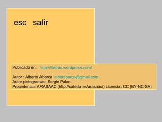 esc salir




Publicado en: http://9letras.wordpress.com/

Autor : Alberto Abarca alberabarca@gmail.com
Autor pictogramas: Sergio Palao
Procedencia: ARASAAC (http://catedu.es/arasaac/) Licencia: CC (BY-NC-SA)
 