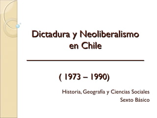 Dictadura y Neoliberalismo
          en Chile
_________________________

       ( 1973 – 1990)
        Historia, Geografía y Ciencias Sociales
                                  Sexto Básico
 