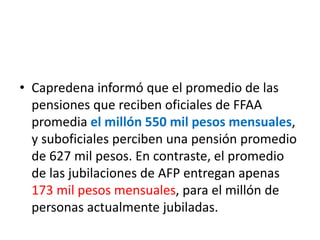 • Capredena informó que el promedio de las
pensiones que reciben oficiales de FFAA
promedia el millón 550 mil pesos mensuales,
y suboficiales perciben una pensión promedio
de 627 mil pesos. En contraste, el promedio
de las jubilaciones de AFP entregan apenas
173 mil pesos mensuales, para el millón de
personas actualmente jubiladas.
 