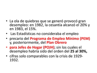 • La ola de quiebras que se generó provocó gran
desempleo: en 1982, la cesantía alcanzó el 20% y
en 1983, el 15%.
• Las Estadísticas no consideraba el empleo
• precario del Programa de Empleo Mínimo (PEM)
y, posteriormente, del Plan Obrero
• para Jefes de Hogar (POJH); sin los cuales el
desempleo habría sido del orden del 25 al 30%,
• cifras solo comparables con la crisis de 1929-
1932.
 