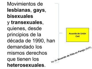 Movimientos de
lesbianas, gays,
bisexuales
y transexuales,
quienes, desde
principios de la
década de 1990, han
demandado los
mismos derechos
que tienen los
heterosexuales.
Acuerdo de Unión
Civil
 