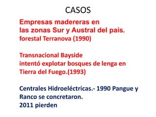 CASOS
Empresas madereras en
las zonas Sur y Austral del país.
forestal Terranova (1990)
Transnacional Bayside
intentó explotar bosques de lenga en
Tierra del Fuego.(1993)
Centrales Hidroeléctricas.- 1990 Pangue y
Ranco se concretaron.
2011 pierden
 
