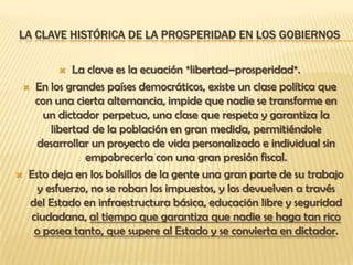 LA CLAVE HISTÓRICA DE LA PROSPERIDAD EN LOS GOBIERNOS

           La clave es la ecuación *libertad–prosperidad*.
  En los grandes países democráticos, existe un clase política que
   con una cierta alternancia, impide que nadie se transforme en
     un dictador perpetuo, una clase que respeta y garantiza la
       libertad de la población en gran medida, permitiéndole
    desarrollar un proyecto de vida personalizado e individual sin
              empobrecerla con una gran presión fiscal.
 Esto deja en los bolsillos de la gente una gran parte de su trabajo
    y esfuerzo, no se roban los impuestos, y los devuelven a través
  del Estado en infraestructura básica, educación libre y seguridad
  ciudadana, al tiempo que garantiza que nadie se haga tan rico
   o posea tanto, que supere al Estado y se convierta en dictador.
 