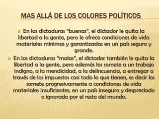 MAS ALLÁ DE LOS COLORES POLÍTICOS

       En las dictaduras “buenas”, el dictador le quita la
     libertad a la gente, pero le ofrece condiciones de vida
    materiales mínimas y garantizadas en un país seguro y
                             grande.
 En las dictaduras “malas”, el dictador también le quita la
  libertad a la gente, pero además los somete a un trabajo
   indigno, a la mendicidad, a la delincuencia, a entregar a
  través de los impuestos casi todo lo que tienen, es decir los
         somete progresivamente a condiciones de vida
  materiales insuficientes, en un país inseguro y despreciado
                o ignorado por el resto del mundo.
 