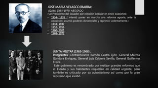 JOSE MARIA VELASCO IBARRA:
(Quito, 1893-1979) ABOGADO
Fue Presidente del Ecuador por elección popular en cinco ocasiones:
• 1934- 1935 ( intentó poner en marcha una reforma agraria, ante la
oposición asumió poderes dictatoriales y reprimió violentamente.)
• 1944- 1947
• 1952- 1956
• 1960- 1961
• 1968- 1972
JUNTA MILITAR (1963-1966) :
Integrantes: Contralmirante Ramón Castro Jijón, General Marcos
Gándara Enríquez, General Luis Cabrera Sevilla, General Guillermo
Freire.
Este gobierno es renombrado por realizar grandes reformas que
el Estado y sus habitantes requerían en calidad urgente, pero
también es criticado por su autoritarismo así como por la gran
represión que existió.
 