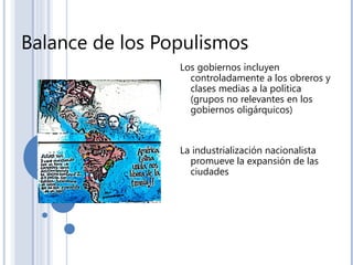 Balance de los Populismos
Los gobiernos incluyen
controladamente a los obreros y
clases medias a la política
(grupos no relevantes en los
gobiernos oligárquicos)
La industrialización nacionalista
promueve la expansión de las
ciudades
 