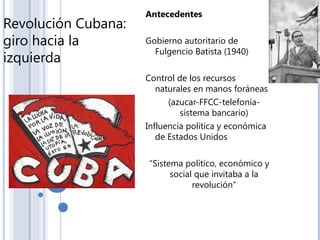 Revolución Cubana:
giro hacia la
izquierda
Antecedentes
Gobierno autoritario de
Fulgencio Batista (1940)
Control de los recursos
naturales en manos foráneas
(azucar-FFCC-telefonía-
sistema bancario)
Influencia política y económica
de Estados Unidos
“Sistema político, económico y
social que invitaba a la
revolución”
 
