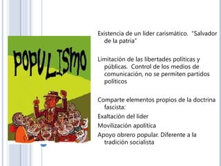 Existencia de un líder carismático. “Salvador
de la patria”
Limitación de las libertades políticas y
públicas. Control de los medios de
comunicación, no se permiten partidos
políticos
Comparte elementos propios de la doctrina
fascista:
Exaltación del líder
Movilización apolítica
Apoyo obrero popular. Diferente a la
tradición socialista
 
