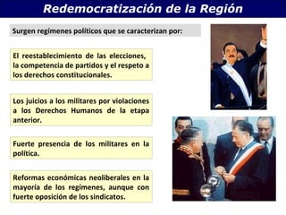 Redemocratización de la Región Surgen regímenes políticos que se caracterizan por: Reformas económicas neoliberales en la mayoría de los regímenes, aunque con fuerte oposición de los sindicatos. El reestablecimiento de las elecciones,  la competencia de partidos y el respeto a los derechos constitucionales. Fuerte presencia de los militares en la política. Los juicios a los militares por violaciones a los Derechos Humanos de la etapa anterior. 
