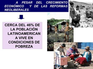 A PESAR DEL CRECIMIENTO ECONÓMICO  Y DE LAS REFORMAS NEOLIBERALES CERCA DEL 46% DE LA POBLACIÓN LATINOAMERICANA VIVE EN CONDICIONES DE POBREZA 
