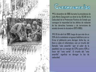 En diciembre de 1986 durante la presidencia de
Julio María Sanguinetti se dictó la ley 18.548 de la
Caducidad de la Pretensión Punitiva de Estado que
consagra la impunidad de los delitos de violación
de los derechos humanos y de terrorismo de
estado durante la dictadura (1973-1985). 

El 16 de abril de 1989, luego de que más de un
25% de la ciudadanía uruguaya habilitara con su
firma el plebiscito para derogar dicha ley, se
llevó a cabo el referéndum, con un triunfo del
llamado "voto amarillo" (por el color de la
papeleta) con un margen de 57% contra 43% a
favor del "voto verde". El triunfo del "voto
amarillo" significó no derogar la ley de
caducidad. 
 