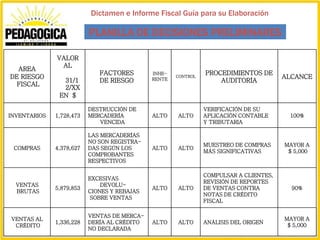 Dictamen e Informe Fiscal Guía para su Elaboración

                          PLANILLA DE DECISIONES PRELIMINARES

              VALOR
               AL
  AREA
                             FACTORES        INHE-             PROCEDIMIENTOS DE
DE RIESGO                                    RENTE
                                                     CONTROL                                      ALCANCE
                31/1         DE RIESGO                             AUDITORÍA
  FISCAL
                2/XX
               EN $

                          DESTRUCCIÓN DE                       VERIFICACIÓN DE SU
INVENTARIOS   1,728,473   MERCADERÍA         ALTO    ALTO      APLICACIÓN CONTABLE                    100%
                             VENCIDA                           Y TRIBUTARIA

                          LAS MERCADERÍAS
                          NO SON REGISTRA-
                                                               MUESTREO DE COMPRAS                 MAYOR A
 COMPRAS      4,378,627   DAS SEGÚN LOS      ALTO    ALTO
                                                               MÁS SIGNIFICATIVAS                   $ 5,000
                          COMPROBANTES
                          RESPECTIVOS

                                                               COMPULSAR A CLIENTES,
                          EXCESIVAS
                                                               REVISIÓN DE REPORTES
  VENTAS                      DEVOLU-
              5,879,853                      ALTO    ALTO      DE VENTAS CONTRA                        90%
  BRUTAS                  CIONES Y REBAJAS
                                                               NOTAS DE CRÉDITO
                          SOBRE VENTAS
                                                               FISCAL

                          VENTAS DE MERCA-                           Diagonal Dr. Arturo Romero y 25 Avenida Norte
VENTAS AL                                                                                          MAYOR A
              1,336,228   DERÍA AL CRÉDITO   ALTO    ALTO      ANÁLISIS DEL Salvador. El Salvador, Centroamérica.
                                                                          San ORIGEN
 CRÉDITO
                          NO DECLARADA                                PBX (+503) 2226-4081 I Fax (+503)5,000
                                                                                                     $ 2226-4486
                                                                  info@pedagogica.edu.sv I www.pedagogica.edu.sv
 