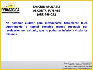 SANCION APLICABLE
                     AL CONTRIBUYENTE
                        (ART. 249 C.T.)

No nombrar auditor para dictaminarse fiscalmente 0.5%
s/patrimonio o capital contable menos superavit por
revaluación no realizado, que no podrá ser inferior a 4 salarios
mínimos.




                                               Diagonal Dr. Arturo Romero y 25 Avenida Norte
                                                    San Salvador. El Salvador, Centroamérica.
                                                PBX (+503) 2226-4081 I Fax (+503) 2226-4486
                                            info@pedagogica.edu.sv I www.pedagogica.edu.sv
 