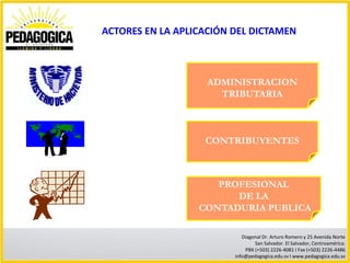 ACTORES EN LA APLICACIÓN DEL DICTAMEN



                    ADMINISTRACION
                      TRIBUTARIA



                   CONTRIBUYENTES



                     PROFESIONAL
                        DE LA
                  CONTADURIA PUBLICA

                            Diagonal Dr. Arturo Romero y 25 Avenida Norte
                                 San Salvador. El Salvador, Centroamérica.
                             PBX (+503) 2226-4081 I Fax (+503) 2226-4486
                         info@pedagogica.edu.sv I www.pedagogica.edu.sv
 