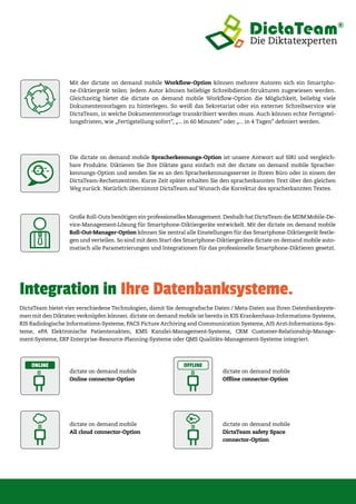 Mit der dictate on demand mobile Workflow-Option können mehrere Autoren sich ein Smartpho-
ne-Diktiergerät teilen. Jedem Autor können beliebige Schreibdienst-Strukturen zugewiesen werden.
Gleichzeitig bietet die dictate on demand mobile Workflow-Option die Möglichkeit, beliebig viele
Dokumentenvorlagen zu hinterlegen. So weiß das Sekretariat oder ein externer Schreibservice wie
DictaTeam, in welche Dokumentenvorlage transkribiert werden muss. Auch können echte Fertigstel-
lungsfristen, wie „Fertigstellung sofort”, „... in 60 Minuten” oder „... in 4 Tagen” definiert werden.
Die dictate on demand mobile Spracherkennungs-Option ist unsere Antwort auf SIRI und vergleich-
bare Produkte. Diktieren Sie Ihre Diktate ganz einfach mit der dictate on demand mobile Spracher-
kennungs-Option und senden Sie es an den Spracherkennungsserver in Ihrem Büro oder in einem der
DictaTeam-Rechenzentren. Kurze Zeit später erhalten Sie den spracherkannten Text über den gleichen
Weg zurück. Natürlich übernimmt DictaTeam auf Wunsch die Korrektur des spracherkannten Textes.
Große Roll-Outs benötigen ein professionelles Management. Deshalb hat DictaTeam die MDM Mobile-De-
vice-Management-Lösung für Smartphone-Diktiergeräte entwickelt. Mit der dictate on demand mobile
Roll-Out-Manager-Option können Sie zentral alle Einstellungen für das Smartphone-Diktiergerät festle-
gen und verteilen. So sind mit dem Start des Smartphone-Diktiergerätes dictate on demand mobile auto-
matisch alle Parametrierungen und Integrationen für das professionelle Smartphone-Diktieren gesetzt.
Integration in Ihre Datenbanksysteme.
DictaTeam bietet vier verschiedene Technologien, damit Sie demografische Daten / Meta-Daten aus Ihren Datenbanksyste-
men mit den Diktaten verknüpfen können. dictate on demand mobile ist bereits in KIS Krankenhaus-Informations-Systeme,
RIS Radiologische Informations-Systeme, PACS Picture Archiving and Communication Systeme, AIS Arzt-Informations-Sys-
teme, ePA Elektronische Patientenakten, KMS Kanzlei-Management-Systeme, CRM Customer-Relationship-Manage-
ment-Systeme, ERP Enterprise-Resource-Planning-Systeme oder QMS Qualitäts-Management-Systeme integriert.
ONLINE
dictate on demand mobile
Online connector-Option
OFFLINE
dictate on demand mobile
Offline connector-Option
dictate on demand mobile
All cloud connector-Option
dictate on demand mobile
DictaTeam safety Space
connector-Option
 