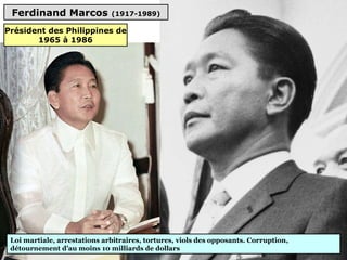 Ferdinand Marcos (1917-1989)
Loi martiale, arrestations arbitraires, tortures, viols des opposants. Corruption,
détournement d’au moins 10 milliards de dollars
Président des Philippines de
1965 à 1986
 