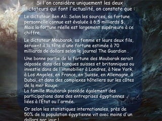 Si l'on considère uniquement les deux
dictateurs qui font l'actualité, on constate que :
Le dictateur Ben Ali: Selon les sources, sa fortune
personnelle connue est évaluée à 6,5 milliards $.
Mais la fortune réelle est largement supérieure à ce
chiffre.
Le dictateur Moubarak, sa femme et leurs deux fils,
seraient à la tête d'une fortune estimée à 70
milliards de dollars selon le journal The Guardian .
Une bonne partie de la fortune des Moubarak serait
déposée dans des banques suisses et britanniques ou
investie dans de l'immobilier à Londres, à New York,
à Los Angeles, en France, en Suisse, en Allemagne, à
Dubaï, et dans des complexes hôteliers sur les côtes
de la mer Rouge.
La famille Moubarak possède également des
participations dans des entreprises égyptiennes
liées à l‘État ou l'armée.
Or selon les statistiques internationales, près de
50% de la population égyptienne vit avec moins d'un
 