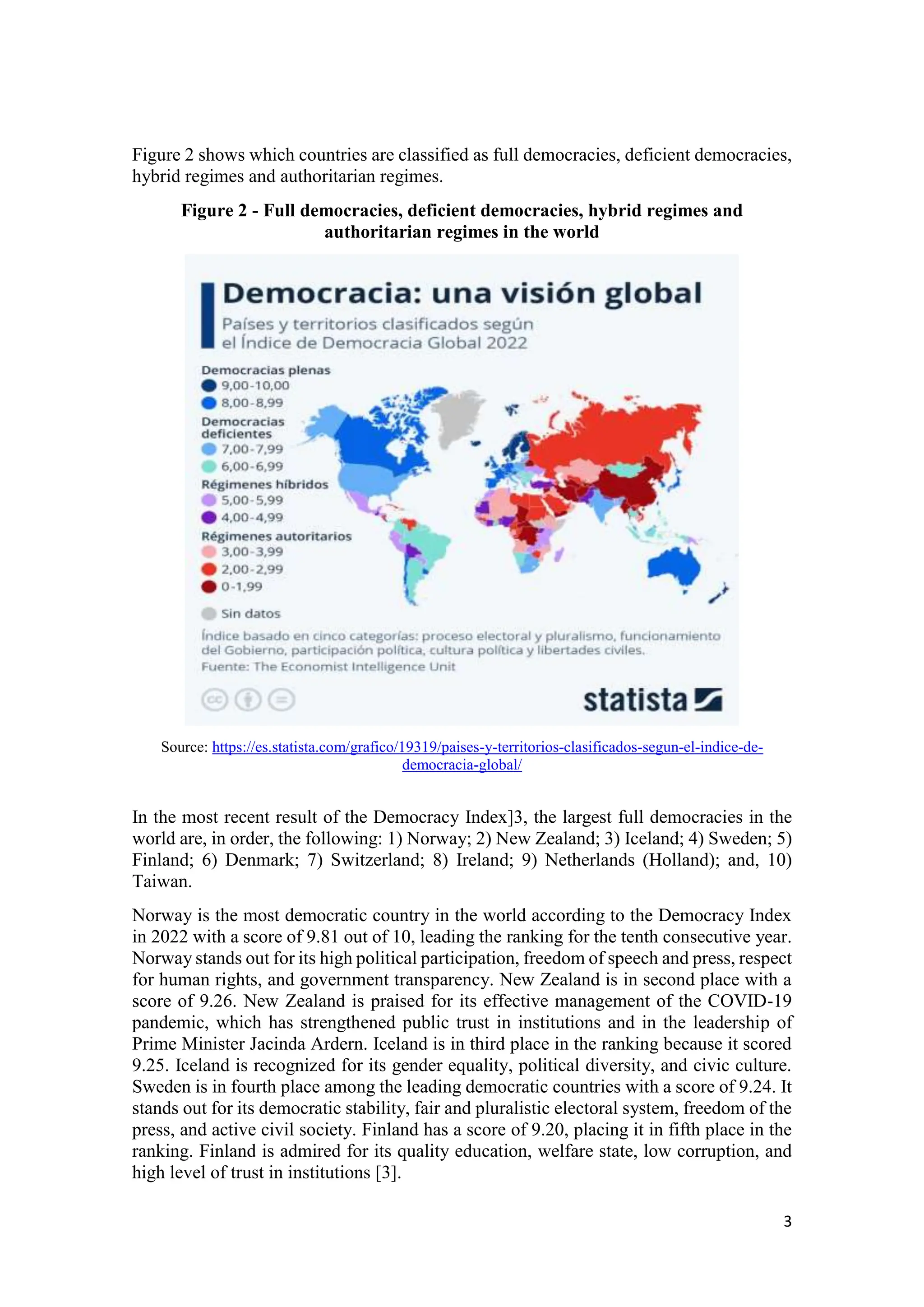 3
Figure 2 shows which countries are classified as full democracies, deficient democracies,
hybrid regimes and authoritarian regimes.
Figure 2 - Full democracies, deficient democracies, hybrid regimes and
authoritarian regimes in the world
Source: https://es.statista.com/grafico/19319/paises-y-territorios-clasificados-segun-el-indice-de-
democracia-global/
In the most recent result of the Democracy Index]3, the largest full democracies in the
world are, in order, the following: 1) Norway; 2) New Zealand; 3) Iceland; 4) Sweden; 5)
Finland; 6) Denmark; 7) Switzerland; 8) Ireland; 9) Netherlands (Holland); and, 10)
Taiwan.
Norway is the most democratic country in the world according to the Democracy Index
in 2022 with a score of 9.81 out of 10, leading the ranking for the tenth consecutive year.
Norway stands out for its high political participation, freedom of speech and press, respect
for human rights, and government transparency. New Zealand is in second place with a
score of 9.26. New Zealand is praised for its effective management of the COVID-19
pandemic, which has strengthened public trust in institutions and in the leadership of
Prime Minister Jacinda Ardern. Iceland is in third place in the ranking because it scored
9.25. Iceland is recognized for its gender equality, political diversity, and civic culture.
Sweden is in fourth place among the leading democratic countries with a score of 9.24. It
stands out for its democratic stability, fair and pluralistic electoral system, freedom of the
press, and active civil society. Finland has a score of 9.20, placing it in fifth place in the
ranking. Finland is admired for its quality education, welfare state, low corruption, and
high level of trust in institutions [3].
 