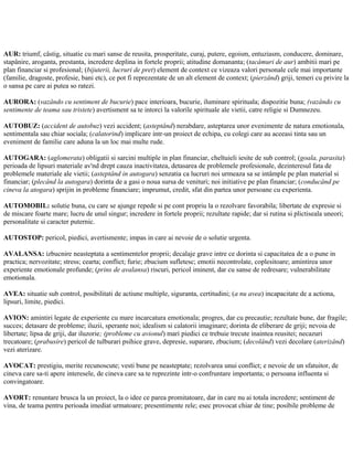 AUR: triumf, câstig, situatie cu mari sanse de reusita, prosperitate, curaj, putere, egoism, entuziasm, conducere, dominare,
stapânire, aroganta, prestanta, incredere deplina in fortele proprii; atitudine domananta; (tacâmuri de aur) ambitii mari pe
plan financiar si profesional; (bijuterii, lucruri de pret) element de context ce vizeaza valori personale cele mai importante
(familie, dragoste, profesie, bani etc), ce pot fi reprezentate de un alt element de context; (pierzând) griji, temeri cu privire la
o sansa pe care ai putea so ratezi.
AURORA: (vazândo cu sentiment de bucurie) pace interioara, bucurie, iluminare spirituala; dispozitie buna; (vazândo cu
sentimente de teama sau tristete) avertisment sa te intorci la valorile spirituale ale vietii, catre religie si Dumnezeu.
AUTOBUZ: (accident de autobuz) vezi accident; (asteptând) nerabdare, asteptarea unor evenimente de natura emotionala,
sentimentala sau chiar sociala; (calatorind) implicare intr-un proiect de echipa, cu colegi care au aceeasi tinta sau un
eveniment de familie care aduna la un loc mai multe rude.
AUTOGARA: (aglomerata) obligatii si sarcini multiple in plan financiar, cheltuieli iesite de sub control; (goala, parasita)
perioada de lipsuri materiale av'nd drept cauza inactivitatea, detasarea de problemele profesionale, dezinteresul fata de
problemele materiale ale vietii; (asteptând in autogara) senzatia ca lucruri noi urmeaza sa se intâmple pe plan material si
financiar; (plecând la autogara) dorinta de a gasi o noua sursa de venituri; noi initiative pe plan financiar; (conducând pe
cineva la atogara) sprijin in probleme financiare; imprumut, credit, sfat din partea unor persoane cu experienta.
AUTOMOBIL: solutie buna, cu care se ajunge repede si pe cont propriu la o rezolvare favorabila; libertate de expresie si
de miscare foarte mare; lucru de unul singur; incredere in fortele proprii; rezultate rapide; dar si rutina si plictiseala uneori;
personalitate si caracter puternic.
AUTOSTOP: pericol, piedici, avertismente; impas in care ai nevoie de o solutie urgenta.
AVALANSA: izbucnire neasteptata a sentimentelor proprii; decalaje grave intre ce dorinta si capacitatea de a o pune in
practica; nervozitate; stress; cearta; conflict; furie; zbucium sufletesc; emotii necontrolate, coplesitoare; amintirea unor
experiente emotionale profunde; (prins de avalansa) riscuri, pericol iminent, dar cu sanse de redresare; vulnerabilitate
emotionala.
AVEA: situatie sub control, posibilitati de actiune multiple, siguranta, certitudini; (a nu avea) incapacitate de a actiona,
lipsuri, limite, piedici.
AVION: amintiri legate de experiente cu mare incarcatura emotionala; progres, dar cu precautie; rezultate bune, dar fragile;
succes; detasare de probleme; iluzii, sperante noi; idealism si calatorii imaginare; dorinta de eliberare de griji; nevoia de
libertate; lipsa de griji, dar iluzorie; (probleme cu avionul) mari piedici ce trebuie trecute inaintea reusitei; necazuri
trecatoare; (prabusire) pericol de tulburari psihice grave, depresie, suparare, zbucium; (decolând) vezi decolare (aterizând)
vezi aterizare.
AVOCAT: prestigiu, merite recunoscute; vesti bune pe neasteptate; rezolvarea unui conflict; e nevoie de un sfatuitor, de
cineva care sa-ti apere interesele, de cineva care sa te reprezinte intr-o confruntare importanta; o persoana influenta si
convingatoare.
AVORT: renuntare brusca la un proiect, la o idee ce parea promitatoare, dar in care nu ai totala incredere; sentiment de
vina, de teama pentru perioada imediat urmatoare; presentimente rele; esec provocat chiar de tine; posibile probleme de
 