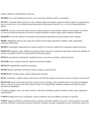cputarea identitatii, individualitatii, maturizare.
BUMBAC: (pe câmp) abundenta prin efort; (cules) opresiune, supunere, umilire, constrângere.
BUNICI: vezi batrân. Sfaturi primte de la rude. Probleme legate de mosteniri, legaturi de familie, legaturi cu originile (tara,
oras, sat); (fiind morti, dar vazândui) nevoie de protectie, de afecstiune, de atentie. (ca esti tu bunic) responsabilitati de
familie.
BURETE: (a sterge cu buretele) uitare, trecere cu vederea, ignorare, un nou început, ruperea oricarei legaturi cu trecutul;
(ca material) dorinta de afectiune, de ocrotire, de atentie din partea celorlalti; egoism, profit; aparente înselatoare.
BURGHIU: nevoia de a analiza mai amanuntit unele probleme, patrunzând an miezul situatiei; iritare, sâcâiala.
BURIC: dependenta, lipsa de curaj, teama de a actiona de unul singur; egocentrism, mândrie, trufie, superioritate,
impotanta, laudarosenie.
BURSUC: bosumflare, incapacitate de a comunica deschis cu cei din jur, sentiment de nesiguranta, suparare fara motiv.
BURUIENI: neglijenta, uitare, indiferenta, ignorare; profitori, ipocrizie, necesitatea de deschidere a mintii sau sufletului, de
curatire; avertisment cu privire la împovararea de sentimente negative.
BUSOLA: dezorientare, necesitate de a fi ghidat de cineva, de a gasi un exemplu, o directie mai buna.
BUSUIOC: noroc, sanatate, protectie, superstitii, afectivitate, tandrete.
BUSTEAN: impasibilitate, indiferenta, dezinteres.
BUTOI: greutati, imobilitate, dificultati în actiuni, prudenta, acumulari lente.
BUZDUGAN: autoritate, putere, energie, superioritate, prestanta.
BUZE: senzualitate, voluptate, pasiune, afectivitate, mare forta de expresie; comunicare usoara cu cei din jur; vesti, discutii.
BUZUNAR: lucruri tinute pentru tine însuti, secrete ascunse, intimitate, valori personale; lucruri sau prieteni la îndemâna,
utile; (cu mâinile în buzunar) pasivitate, fuga de actiune, de responsabilitate, neputinta, asteparea unui ajutor din afara,
sentiment de culpabilitate.
C: tandrete, adaptare, umor, simt estetic, ocrotire, creativitate, neastâmpar, agitatie, dezordine, ironie, risipa, originalitate,
superficialitate.
CABANA: adapost provizoriu, nesiguranta, vacanta, romantism, nevoie de odihna, de evadare, de eschivare.
CABLU: legaturi numeroase, cunostinte, discutii, contacte, comunicare, întâlniri; risc; (gros, tinând o greutate mare) grija,
precautie, dificultati; (rupt) boala, pierderea controlului, oboseala, extenuare, incapacitate de lucru, imobilizare, blocaj, risc.
 