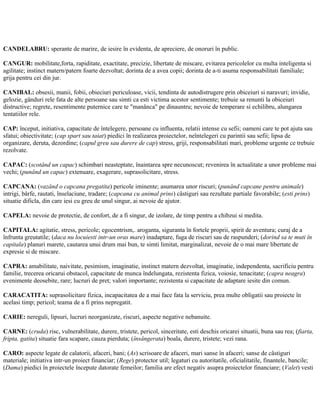 CANDELABRU: sperante de marire, de iesire în evidenta, de apreciere, de onoruri în public.
CANGUR: mobilitate,forta, rapiditate, exactitate, precizie, libertate de miscare, evitarea pericolelor cu multa inteligenta si
agilitate; instinct matern/patern foarte dezvoltat; dorinta de a avea copii; dorinta de a-ti asuma responsabilitati familiale;
grija pentru cei din jur.
CANIBAL: obsesii, manii, fobii, obieciuri periculoase, vicii, tendinta de autodistrugere prin obiceiuri si naravuri; invidie,
gelozie, gânduri rele fata de alte persoane sau simti ca esti victima acestor sentimente; trebuie sa renunti la obiceiuri
distructive; regrete, resentimente puternice care te "manânca" pe dinauntru; nevoie de temperare si echilibru, alungarea
tentatiilor rele.
CAP: început, initiativa, capacitate de întelegere, persoane cu influenta, relatii intense cu sefii; oameni care te pot ajuta sau
sfatui; obiectivitate; (cap spart sau taiat) piedici în realizarea proiectelor, neîntelegeri cu parintii sau sefii; lipsa de
organizare, deruta, dezordine; (capul greu sau durere de cap) stress, griji, responsabilitati mari, probleme urgente ce trebuie
rezolvate.
CAPAC: (scotând un capac) schimbari neasteptate, înaintarea spre necunoscut; revenirea în actualitate a unor probleme mai
vechi; (punând un capac) extenuare, exagerare, suprasolicitare, stress.
CAPCANA: (vazând o capcana pregatita) pericole iminente; asumarea unor riscuri; (punând capcane pentru animale)
intrigi, bârfe, rautati, înselaciune, tradare; (capcana cu animal prins) câstiguri sau rezultate partiale favorabile; (esti prins)
situatie dificla, din care iesi cu greu de unul singur, ai nevoie de ajutor.
CAPELA: nevoie de protectie, de confort, de a fi singur, de izolare, de timp pentru a chibzui si medita.
CAPITALA: agitatie, stress, pericole; egocentrism,. aroganta, siguranta în fortele proprii, spirit de aventura; curaj de a
înfrunta greutatile; (daca nu locuiesti intr-un oras mare) inadaptare, fuga de riscuri sau de raspunderi; (dorind sa te muti în
capitala) planuri marete, cautarea unui drum mai bun, te simti limitat, marginalizat, nevoie de o mai mare libertate de
expresie si de miscare.
CAPRA: amabilitate, naivitate, pesimism, imaginatie, instinct matern dezvoltat, imaginatie, independenta, sacrificiu pentru
familie, trecerea oricarui obstacol, capacitate de munca îndelungata, rezistenta fizica, voiosie, tenacitate; (capra neagra)
evenimente deosebite, rare; lucruri de pret; valori importante; rezistenta si capacitate de adaptare iesite din comun.
CARACATITA: suprasolicitare fizica, incapacitatea de a mai face fata la serviciu, prea multe obligatii sau proiecte în
acelasi timp; pericol; teama de a fi prins nepregatit.
CARIE: nereguli, lipsuri, lucruri neorganizate, riscuri, aspecte negative nebanuite.
CARNE: (cruda) risc, vulnerabilitate, durere, tristete, pericol, sinceritate, esti deschis oricarei situatii, buna sau rea; (fiarta,
fripta, gatita) situatie fara scapare, cauza pierduta; (însângerata) boala, durere, tristete; vezi rana.
CARO: aspecte legate de calatorii, afaceri, bani; (As) scrisoare de afaceri, mari sanse în afaceri; sanse de câstiguri
materiale; initiativa intr-un proiect financiar; (Rege) protector util; legaturi cu autoritatile, oficialitatile, finantele, bancile;
(Dama) piedici în proiectele începute datorate femeilor; familia are efect negativ asupra proiectelor financiare; (Valet) vesti
 