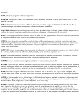 problemei.
ALAI: participare, cooperare pentru un scop comun.
ALARMA: avertisment si riscuri, dar cu posibila rezolvare favorabila; mari sanse ce pot sa apara in viata ta, dar cu efort;
teama de a nu gresi.
ALB: puritate, transformare, curatenie sufleteasca, demnitate, incredere; energie si vitalitate; lucruri duse la bun sfârsit,
senzatie de intregire, de complet in ceea ce faci, deci nu lasa lucrurile neterminate.
ALBASTRU: gândire pozitiva, optimism cu privire la viitor, perioada linistita si calma in viata ta; rabdare, sanatate, adevar,
credinta, devotament, sinceritate, pace interioara, multumire sufleteasca, vointa, capacitate de autocontrol.
ALBIE: (de râu) reguli de urmat cu strictete, directie de urmat, sfat bun, sprijin moral si psihic; (iesit din albie) situatia iese
de sub control, exagerare, abuz, exces de zel, suprasolicitare nervoasa.
ALBINA: efort, economie, munca asidua, constiinciozitate, rabdare, agoniseala dupa mult timp; creativitate, activitate,
productivitate; posibilitatea de a atinge succesul; (roi) spirit de echipa, cooperare pentru un scop comun si cu multa munca,
viata sociala bogata, implicare in actiuni profitabile; (intepând) capacitate de autoaparare, nevoie de protectie sporita,
cinism, critici, ironii, glume.
ALBITURA: actiuni corecte, legale, discrete, senzatie de multumire; vezi aslternut; (patata) neplaceri care strica tot cheful
de a continua, piedici temporare, indiscretie, bârfe, nereguli, secrete dezvaluite de prieteni falsi.
ALBUS: (batut spuma) aparente inselatoare; minciuni, sentiment fals de implinire sau multumire; (crud) piedici sau chiar
finalul unui proiect, fara posibilitatea de al relua, ci doar de ai schimba directia sau scopul.
ALBUM: (cu poze) amintiri, discutii cu prietenii, intâlniri cu vechi cunotinte; melancolie.
ALCOOL: iluzii, minciuna, aparente inselatoare, vise desarte, deruta, confuzie, falsitate; tendinte autodistructive, ignorarea
relatiilor sentimentale; afectivitate reprimata; incapacitate de a iubi; (bând cu moderatie) relaxare, fuga de responsabilitati si
greutati, te simti bine, multumire temporara de sine; nevoie de incurajare si stimulare; (bând in exces) vezi beat.
ALEE: cale/solutie nesigura, nebanuita; (intunecata) dilema din care nu stii cum sa iesi; (infundata) te simti prins intr-o
capcana, blocat intr-o situatie fara iesire, intr-o relatie frustranta, intr-un mod de viata dezavantajant, intr-o slijba paguboasa.
ALEGE: (trebuind sa alegi ceva in vis) mai multe posibilitati, alternative ce vor aparea in curând pentru solutionarea unei
situatii; decizie importanta; nehotarâre; (a nu alege ceva in vis din mai multe variante, cai, obiecte etc) piedici, continuarea
chinului cu buna stiinta, nu poti lua o decizie importanta, nu ai destul curaj.
ALERGA: nevoia de evadare, de scapare dintr-o situatie dificila; nivelul energiilor tale este dat de felul cum alergi in vis;
(daca reusesti sa fugi de ceva/cineva) vrei sa schimbi starea de lucruri de care vrei sa scapi in vis; (vrei sa fugi, dar
picioarele nu te asculta) lipsa de incredere de sine, lipsa de vointa si perseverenta, lipsa de mijloace concrete de a face
modificari in viata personala; gândestete daca in viata reala vrei sa scapi de o anumita situatie deranjanta sau cauti neaparat
sa ajungi la o anumita situatie mult sperata. in functie de aceasta directie, iti poti interpreta visul ca pe un simbol pozitiv sau
 