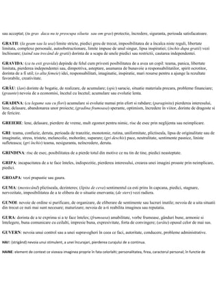 sau acceptat; (tu gras daca nu te preocupa silueta sau om gras) protectie, încredere, siguranta, perioada satisfacatoare.
GRATII: (la geam sau la usa) limite stricte, piedici greu de trecut, imposibilitatea de a încalca niste reguli, libertate
limitata, complexe personale, autoobstructionare, limite impuse de unul singur, lipsa inspiratiei; (închis dupa gratii) vezi
închisoare; (taind sau trecând de gratii) dorinta de a scapa de unele piedici sau restrictii, cautarea independentei.
GRAVIDA: (ca tu esti gravida) depinde de felul cum privesti posibilitatea de a avea un copil: teama, panica, libertate
limitata, pierderea independentei sau, dimpotriva, asteptare, asumarea de bunavoie a responsabilitatilor, spirit ocrotitor,
dorinta de a fi util; (o alta femeie) idei, responsabilitati, imaginatie, inspiratie, mari resurse pentru a ajunge la rezultate
favorabile, creativitate.
GRÂU: (lan) dorinte de bogatie, de realizare, de acumulare; (spic) saracie, situatie materiala precara, probleme financiare;
(graunte) nevoia de a economisi, încetul cu încetul; acumulare sau evolutie lenta.
GRADINA: (cu legume sau cu flori) acumulare si evolutie numai prin efort si rabdare; (paraginita) pierderea interesului,
lene, delasare, abandonarea unor proiecte; (gradina frumoasa) sperante, optimism, încredere în viitor, dorinte de dragoste si
de fericire.
GREIERE: lene, delasare, pierdere de vreme, mult zgomot pentru nimic, risc de esec prin neglijenta sau neimplicare.
GRI: teama, confuzie, deruta, perioada de tranzitie, monotonie, rutina, uniformitate, plictiseala, lipsa de originalitate sau de
imaginatie, stress, tristete, melancolie, mohorâre, suparare; (gri deschis) pace, neutralitate, sentimente pasnice, liniste
sufleteasca; (gri închis) teama, nesiguranta, neîncredere, deruta.
GRINDINA: risc de esec, posibilitatea de a pierde totul din motive ce nu tin de tine, piedici neasteptate.
GRIPA: incapacitatea de a te face înteles, indispozitie, pierderea interesului, crearea unei imagini proaste prin neimplicare,
piedici.
GROAPA: vezi prapastie sau gaura.
GUMA: (mestecând) plictiseala, dezinteres; (lipita de ceva) sentimentul ca esti prins în capcana, piedici, stagnare,
nervozitate, imposibilitatea de a te elibera de o situatie enervanta; (de sters) vezi radiera.
GUNOI: nevoie de ordine si purificare, de organizare, de eliberare de sentimente sau lucruri inutile; nevoia de a uita situatii
din trecut ce nuti mai sunt necesare; maturizare; nevoia de a-ti reabilita imaginea sau reputatia.
GURA: dorinta de a te exprima si a te face înteles; (frumoasa) amabilitate, vorbe frumoase, gânduri bune, armonie si
întelegere, buna comunicare cu ceilalti, impresie buna, expresivitate, forta de convingere; (urâta) opusul celor de mai sus.
GUVERN: nevoia unui control sau a unei supravegheri în ceea ce faci, autoritate, conducere, probleme administrative.
HAI!: (strigând) nevoia unui stimulent, a unei încurajari, pierderea curajului de a continua.
HAINE: element de context ce vizeaza imaginea proprie în fata celorlalti; personalitatea, firea, caracterul personal; în functie de
 