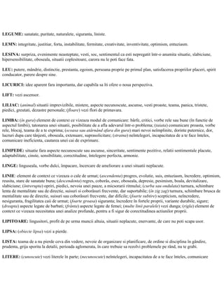 LEGUME: sanatate, puritate, naturalete, siguranta, liniste.
LEMN: integritate, justitiar, forta, instabilitate, fermitate, creativitate, inventivitate, optimism, entuziasm.
LESINA: surpriza, evenimente neasteptate, vesti, soc, sentimentul ca esti nepregatit într-o anumita situatie, slabiciune,
hipersensibilitate, oboseala, situatii coplesitoare, carora nu le poti face fata.
LEU: putere, mândrie, distinctie, prestanta, egoism, persoana proprie pe primul plan, satisfacerea propriilor placeri, spirit
conducator, parere despre sine.
LICURICI: idee aparent fara importanta, dar capabila sa îti ofere o noua perspectiva.
LIFT: vezi ascensor.
LILIAC: (animal) situatii imprevizibile, mistere, aspecte necunoscute, ascunse, vesti proaste, teama, panica, tristete,
piedici, greutati, dezastre personale; (floare) vezi flori de primavara.
LIMBA: (în gura) element de context ce vizeaza modul de comunicare: bârfe, critici, vorbe rele sau bune (în functie de
aspectul limbii), tatonarea unei situatii, posibilitate de a afla adevarul într-o problema; (taiata) comunicare proasta, vorbe
rele, blocaj, teama de a te exprima; (scoasa sau atârnând afara din gura) mari nevoi neîmplinite, dorinte puternice, dor,
lucruri dupa care tânjesti, oboseala, extenuare, suprasolicitare; (straina) neîntelegeri, incapacitatea de a te face înteles,
comunicare ineficienta, cautarea unei cai de exprimare.
LIMPEDE: situatie fara aspecte necunoscute sau ascunse, sinceritate, sentimente pozitive, relatii sentimentale placute,
adaptabilitate, cinste, sensibilitate, corectitudine, întelegere perfecta, armonie.
LINGE: linguseala, vorbe dulci, împacare, încercare de ameliorare a unei situatii neplacute.
LINIE: element de context ce vizeaza o cale de urmat; (ascendenta) progres, evolutie, suis, entuziasm, încredere, optimism,
reusita, stare de sanatate buna; (descendenta) regres, coborâs, esec, oboseala, depresie, pesimism, boala, devitalizare,
slabiciune; (întrerupta) opriri, piedici, nevoia unei pauze, a micsorarii ritmului; (curba sau ondulata) turnura, schimbare
lenta de mentalitate sau de directie, suisuri si coborâsuri frecvente, dar suportabile; (în zig zag) turnura, schimbare brusca de
mentalitate sau de directie, suisuri sau coborâsuri frecvente, dar dificile; (foarte subtire) scepticism, neîncredere,
nesiguranta, fragilitatea caii de urmat; (foarte groasa) siguranta; încredere în fortele proprii, variante durabile, sigure;
(dreapta) aspecte legate de barbati; (frânta) aspecte legate de femei; (multe linii paralele) vezi dunga; (rigla) element de
context ce vizeaza necesitatea unei analize profunde, pentru a fi sigur de corectitudinea actiunilor proprii.
LIPITOARE: lingusitori, profit de pe urma muncii altuia, situatii neplacute, enervante, de care nu poti scapa usor.
LIPSA: (obiecte lipsa) vezi a pierde.
LISTA: teama de a nu pierde ceva din vedere, nevoie de organizare si planificare, de ordine si disciplina în gândire,
prudenta, grija sporita la detalii, perioada aglomerata, în care trebuie sa rezolvi problemele pe rând, nu te grabi.
LITERE: (cunoscute) vezi literele în parte; (necunoscute) neîntelegeri, incapacitatea de a te face înteles, comunicare
 