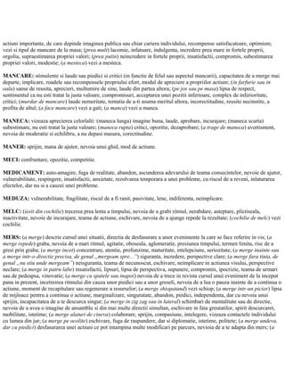 actiuni importante, de care depinde imaginea publica sau chiar cariera individului, recompense satisfacatoare, optimism;
vezi si tipul de mancare de la masa; (prea mult) lacomie, infatuare, indulgenta, incredere prea mare in fortele proprii,
orgoliu, supraestimarea propriei valori; (prea putin) neincredere in fortele proprii, insatisfactii, compromis, subestimarea
propriei valori, modestie; (a mesteca) vezi a mesteca.
MANCARE: stimulente si laude sau piedici si critici (in functie de felul sau aspectul mancarii), capacitatea de a merge mai
departe, implicare, roadele sau recompensele propriului efort, modul de apreciere a propriilor actiuni; (in farfurie sau in
oala) sanse de reusita, aprecieri, multumire de sine, laude din partea altora; (pe jos sau pe masa) lipsa de respect,
sentimentul ca nu esti tratat la justa valoare, compromisuri, acceptarea unei pozitii inferioare, complex de inferioritate,
critici; (murdar de mancare) laude nemeritate, tentatia de a-ti asuma meritul altora, incorectitudine, reusite necinstite, a
profita de altul; (a face mancare) vezi a gati; (a manca) vezi a manca.
MANECA: vizeaza aprecierea celorlalti: (maneca lunga) imagine buna, laude, aprobare, incurajare; (maneca scurta)
subestimare, nu esti tratat la justa valoare; (maneca rupta) critici, opozitie, dezaprobare; (a trage de maneca) avertisment,
nevoia de moderatie si echilibru, a nu depasi masura, corectitudine.
MANER: sprijin, mana de ajutor, nevoia unui ghid, mod de actiune.
MECI: confruntare, opozitie, competitie.
MEDICAMENT: auto-amagire, fuga de realitate, abandon, ascunderea adevarului de teama consecintelor, nevoie de ajutor,
vulnerabilitate, respingere, insatisfactii, anxietate, rezolvarea temporara a unei probleme, cu riscul de a reveni, inlaturarea
efectelor, dar nu si a cauzei unei probleme.
MEDUZA: vulnerabilitate, fragilitate, riscul de a fi ranit, pasivitate, lene, indiferenta, neimplicare.
MELC: (iesit din cochilie) trecerea prea lenta a timpului, nevoia de a grabi ritmul, nerabdare, asteptare, plictiseala,
inactivitate, nevoie de incurajare, teama de actiune, eschivare, nevoia de a ajunge repede la rezultate; (cochilie de melc) vezi
cochilie.
MERS: (a merge) descrie cursul unei situatii, directia de desfasurare a unor evenimente la care se face referire in vis; (a
merge repede) graba, nevoia de a mari ritmul, agitatie, oboseala, aglomeratie, presiunea timpului, termen limita, risc de a
gresi prin graba; (a merge incet) concentrare, atentie, profunzime, maturitate, intelepciune, seriozitate; (a merge inainte sau
a merge intr-o directie precisa, de genul „mergeam spre...”) siguranta, incredere, perspective clare; (a merge fara tinta, de
genul „nu stiu unde mergeam”) neisguranta, teama de necunoscut, eschivare, neimplicare in actiunea visului, perspective
neclare; (a merge in patru labe) insatisfactii, lipsuri, lipsa de perspectiva, supunere, compromis, ipocrizie, teama de urmari
sau de pedeapsa, vinovatie; (a merge cu spatele sau inapoi) nevoia de a trece in revista cursul unui eveniment de la inceput
pana in prezent, incetinirea ritmului din cauza unor piedici sau a unor greseli, nevoia de a lua o pauza inainte de a continua o
actiune, moment de recapitulare sau regenerare a resurselor; (a merge shiopatand) vezi schiop; (a merge intr-un picior) lipsa
de mijloace pentru a continua o actiune, marginalizare, singuratate, abandon, piedici, independenta, dar cu nevoia unui
sprijin, incapacitatea de a te descurca singur; (a merge in zig zag sau in lateral) schimbari de mentalitate sau de directie,
nevoia de a avea o imagine de ansamblu si din mai multe directii simultan, eschivare in fata greutatilor, spirit descurcaret,
mobilitate, istetime; (a merge alaturi de cineva) colaborare, sprijin, compasiune, intelegere, vizeaza contactele individului
cu lumea din jur; (a merge pe ocolite) eschivare, fuga de raspundere, dar si diplomatie, istetime, politete; (a merge undeva,
dar cu piedici) desfasurarea unei actiuni ce pot intampina multe modificari pe parcurs, nevioia de a te adapta din mers; (a
 