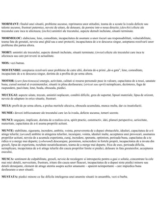 MORMANT: finalul unei situatii, probleme ascunse, reprimarea unor atitudini, teama de a scoate la iveala defecte sau
talente ascunse, frustrari puternice, nevoie de uitare, de detasare, de pornire intr-o noua directie; (deschis) efecte ale
trecutului care inca te afecteaza; (inchis) amintiri ale trecutului, aspecte demult incheiate, situatii terminate.
MORMOLOC: slabiciune, lene, comoditate, incapacitatea de asumare a unor riscuri sau responsabilitati, vulnerabilitate,
teama fata de greutati, nevoia unui ghid sau a unei protectii, incapacitatea de a te descurca singur, asteptarea rezolvarii unor
probleme din partea altora.
MORT: amintiri ale trecutului, aspecte demult incheiate, situatii terminate; (inviat) efecte ale trecutului care inca te
afecteaza sau care pot reveni in actualitate.
MOS: vezi batran.
MOSTENIRE: asteptarea rezolvarii unor probleme de catre altii, dorinta de-a primi „de-a gata”, lene, comoditate,
incapacitate de a te descurca singur, dorinta de a profita de pe urma altora.
MOTOR: (care functioneaza) energie, activitate, calitati si resurse personale puse in valoare, capacitatea de a reusi, sanatate
buna, cursul normal al evenimentelor, situatii in plina desfasurare; (stricat sau oprit) neimplicare, dezinteres, fuga de
raspundere, pasivitate, lene, boala, oboseala, piedici.
MUCEGAI: aspecte uitate, trecute, amintiri neplacute, conditii dificile, greu de suportat, lipsuri materiale, lipsa de orizont,
nevoie de adaptare in orice situatie, frustrari.
MULS: profit de pe urma altora, a prelua meritele altcuiva, oboseala acumulata, munca multa, dar cu insatisfactii.
MUMIE: dovezi infricosatoare ale trecutului care ies la iveala, defecte ascunse, temeri secrete.
MUNCI: angajare, implicare, dorinta de a realiza ceva, spirit practic, constructiv, idei, planuri perspective, seriozitate,
maturitate, capacitatea de a-ti asuma propriile actiuni.
MUNTE: stabilitate, siguranta, incredere, ambitie, vointa, perseverenta de a depasi obstacolele, idealuri, capacitatea de a-ti
atinge telurile; (urcand) ambitie in atingerea telurilor, incurajare, vointa, idealuri inalte, acceptarea unei provocari, asumarea
propriilor actiuni, nevoia de a acumula experienta, curaj, incredere, sperante, optimism, perioada buna, capacitatea de a te
ridica si a merge mai departe; (coborand) descurajare, pesimism, neincredere in fortele proprii, incapacitatea de a invata din
greseli, lipsa de experienta, rezultate nesatisfacatoare, teama de a merge mai departe, frica de esec, perioada dificila,
neimplicare, incapcitatea de a-ti atinge telurile din cauza propriilor limite si piedici, delasare in fata greutaisilor, acceptarea
esecului,
MUSCA: sentiment de culpabilitate, greseli, nevoie de reculegere si introspectie pentru a gasi o solutie, concentrare la cele
mai mici detalii, nervozitate, frustrare, iritare din cauza unor fleacuri, incapacitatea de a depasi niste piedici minore sau
detalii deranjante, element de atrage atentia asupra acelor amanunte – aparent neimportante - care impiedica buna
desfasurare a unor situatii.
MUSTATA: piedici minore ce fac dificila intelegerea unei anumite situatii in ansamblu, vezi si barba.
 