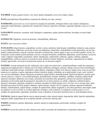PALMIER: erotism, gusturi exotice, vise, iluzii, planuri intangibile, nevoie de evadare, utopii.
PANĂ: perioadă bună, fără probleme, sentiment de eliberare, de calm, relaxare.
PANORAMĂ: (privind de sus sau în depărtare) imagine de ansamblu, întelegere bună a unei situatii, întelepciune,
maturitate, bună informare, capacitate de a merge într-o directie, optimism, încredere, sigurantă, depinde si ceea ce se vede
în zare!
PANSAMENT: protectie, consolare, milă, întelegere, compasiune, sprijin, prieten adevărat, încurajare, revenire după
suferintă.
PANSELUTE: fragilitate, nevoie de protectie, vulnerabilitate, slăbiciune.
PANTĂ: vezi a urca sau a coborî.
PANTALONI: (blugi) tinerete, originalitate, revoltă, voiosie, optimism, lipsă de griji, instabilitate, initiativă, curaj, muncă;
(scurti) infantilism, slăbiciune, nevoie de ocrotire sau îndrumare, imaturitate, vulnerabilitate în fata pericolelor, risc de esec,
piedici; (lungi) protectie, curaj de a actiona, încredere în drumul ales, actiuni sigure; (rupti sau murdari) piedici, riscuri, nu
te descurci cu provocările acestei perioade; (călcati cu dungă) formalism, amabilitate, diplomatie, conservatorism, nevoia de
a lăsa o impresie impecabilă, concentrare, sfaturi, întelepciune, superioritate, infatuare, orgoliu, snobism, rigiditate,
inadaptabilitate, eschivare; (femeie în pantaloni) curaj, initiativă, muncă, implicare, seriozitate, capacitatea de a-ti depăsi
limitele, agresivitate, nevoia de a lua taurul de coarne, de a te descurca singură.
PANTOFI: vizează mijloacele de trai, mijloacele care te ajută să evoluezi într-o anumită problemă, modul de comunicare,
capacitatea de implicare într-o situatie; (pereche) bună colaborare, întelegere, armonie, dialog; (desperecheati) neîntelegeri,
colaborare ineficientă, blocaje, contradictii, opinii diferite, singurătate, trebuie să te descurci singur; (doar unul sau pierdut)
teama de a-ti exprima o opinie, reprimarea oricăror initiative, piedici, timiditate, nu te ajută nimeni; (rupti, urâti, murdari
sau stricati) neîntelegeri, lipsuri, blocaje de comunicare, păreri diferite, perioadă proastă, lipsă de perspective, greseli, gafe,
esecuri; (frumosi, eleganti, curati) bună întelegere, perioadă bună, armonie, bunăstare, echilibru, cooperare, părere bună,
aprecieri, încredere, optimism; (noi) studiu, acumulare de cunostinte utile, perspective, directii noi, proiecte incipiente,
prudentă; (vechi) rutină, lipsă de perspectivă, oboseală; (îti vin bine) armonie cu ceilalti, colaborare, schimb de păreri,
aprecieri, încurajare, optimism, curajul de a continua, încredere în fortele proprii; (nu-ti vin bine sau te strâng) critici, gafe,
încredere prea mare în fortele proprii, infatuare, supra-estimare, orgoliu; (de lac) orgoliu, snobism, aparente înselătoare,
falsitate, superficialitate, supraevaluare, complex de superioritate, părere exagerată; (a descălta) pesimism, descurajare, lipsă
de mijloace, nu stii ce să faci; (a încălta) optimism, încredere, curaj, initiativă, ai curajul de a actiona acum; (cu toc)
complex de superioritate, suprematie, prioritate, curaj, evidentiere, ai încredere maximă în tine, te simti deasupra tuturor.
PAPAGAL: lipsă de respect fată de cineva, părere proastă, vorbe, discutii inutile, timp pierdut, bârfe, lipsă de originalitate,
supunere oarbă, incapacitatea de a-ti exprima opiniile, nevoia de a imita pe altii.
PAPION: formalism, politete, diplomatie, maniere, atentie la comportament, pretiozitate, snobism, complex de
superioritate.
PAPIRUS: nevoie de a primi un sfat, căutarea unei solutii, acumulare de întelepciune si experientă, maturizare.
 