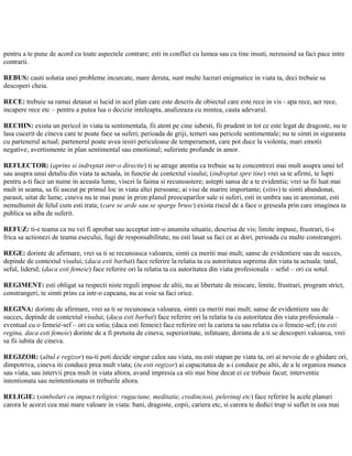 pentru a te pune de acord cu toate aspectele contrare; esti in conflict cu lumea sau cu tine insuti, nereusind sa faci pace intre
contrarii.
REBUS: cauti solutia unei probleme incurcate, mare deruta, sunt multe lucruri enigmatice in viata ta, deci trebuie sa
descoperi cheia.
RECE: trebuie sa ramai detasat si lucid in acel plan care este descris de obiectul care este rece in vis - apa rece, aer rece,
incapere rece etc – pentru a putea lua o decizie inteleapta, analizeaza cu mintea, cauta adevarul.
RECHIN: exista un pericol in viata ta sentimentala, fii atent pe cine iubesti, fii prudent in tot ce este legat de dragoste, nu te
lasa cucerit de cineva care te poate face sa suferi; perioada de griji, temeri sau pericole sentimentale; nu te simti in siguranta
cu partenerul actual; partenerul poate avea iesiri periculoase de temperament, care pot duce la violenta; mari emotii
negative; avertismente in plan sentimental sau emotional; suferinte profunde in amor.
REFLECTOR: (aprins si indreptat intr-o directie) ti se atrage atentia ca trebuie sa te concentrezi mai mult asupra unui tel
sau asupra unui detaliu din viata ta actuala, in functie de contextul visului; (indreptat spre tine) vrei sa te afirmi, te lupti
pentru a-ti face un nume in aceasta lume, visezi la faima si recunoastere; astepti sansa de a te evidentia; vrei sa fii luat mai
mult in seama, sa fii asezat pe primul loc in viata altei persoane; ai vise de marire importante; (stins) te simti abandonat,
parasit, uitat de lume, cineva nu te mai pune in prim planul preocuparilor sale si suferi, esti in umbra sau in anonimat, esti
nemultumit de felul cum esti trata; (care se arde sau se sparge brusc) exista riscul de a face o greseala prin care imaginea ta
publica sa aiba de suferit.
REFUZ: ti-e teama ca nu vei fi aprobat sau acceptat intr-o anumita situatie, descrisa de vis; limite impuse, frustrari, ti-e
frica sa actionezi de teama esecului, fugi de responsabilitate, nu esti lasat sa faci ce ai dori, perioada cu multe constrangeri.
REGE: dorinte de afirmare, vrei sa ti se recunoasca valoarea, simti ca meriti mai mult; sanse de evidentiere sau de succes,
depinde de contextul visului; (daca esti barbat) face referire la relatia ta cu autoritatea suprema din viata ta actuala: tatal,
seful, liderul; (daca esti femeie) face referire ori la relatia ta cu autoritatea din viata profesionala – seful – ori cu sotul.
REGIMENT: esti obligat sa respecti niste reguli impuse de altii, nu ai libertate de miscare, limite, frustrari, program strict,
constrangeri, te simti prins ca intr-o capcana, nu ai voie sa faci orice.
REGINA: dorinte de afirmare, vrei sa ti se recunoasca valoarea, simti ca meriti mai mult; sanse de evidentiere sau de
succes, depinde de contextul visului; (daca esti barbat) face referire ori la relatia ta cu autoritatea din viata profesionala –
eventual cu o femeie-sef – ori cu sotia; (daca esti femeie) face referire ori la cariera ta sau relatia cu o femeie-sef; (tu esti
regina, daca esti femeie) dorinte de a fi pretuita de cineva, superioritate, infatuare, dorinta de a ti se descoperi valoarea, vrei
sa fii iubita de cineva.
REGIZOR: (altul e regizor) nu-ti poti decide singur calea sau viata, nu esti stapan pe viata ta, ori ai nevoie de o ghidare ori,
dimpotriva, cineva iti conduce prea mult viata; (tu esti regizor) ai capacitatea de a-i conduce pe altii, de a le organiza munca
sau viata, sau intervii prea mult in viata altora, avand impresia ca stii mai bine decat ei ce trebuie facut; interventie
intentionata sau neintentionata in treburile altora.
RELIGIE: (simboluri cu impact religios: rugaciune, meditatie, credinciosi, pelerinaj etc) face referire la acele planuri
carora le acorzi cea mai mare valoare in viata: bani, dragoste, copii, cariera etc, si carora te dedici trup si suflet in cea mai
 