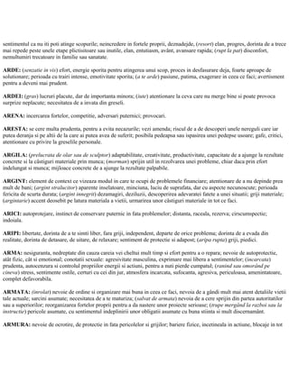sentimentul ca nu iti poti atinge scopurile; neincredere in fortele proprii, deznadejde, (resort) elan, progres, dorinta de a trece
mai repede peste unele etape plictisitoare sau inutile, elan, entutiasm, avânt, avansare rapida; (rupt la pat) disconfort,
nemultumiri trecatoare in familie sau sanatate.
ARDE: (senzatie in vis) efort, energie sporita pentru atingerea unui scop, proces in desfasurare deja, foarte aproape de
solutionare; perioada cu trairi intense, emotivitate sporita; (a te arde) pasiune, patima, exagerare in ceea ce faci; avertisment
pentru a deveni mai prudent.
ARDEI: (gras) lucruri placute, dar de importanta minora; (iute) atentionare la ceva care nu merge bine si poate provoca
surprize neplacute; necesitatea de a invata din greseli.
ARENA: incercarea fortelor, competitie, adversari puternici; provocari.
ARESTA: se cere multa prudenta, pentru a evita necazurile; vezi amenda; riscul de a de descoperi unele nereguli care iar
putea deranja si pe altii de la care ai putea avea de suferit; posibila pedeapsa sau ispasirea unei pedepse usoare; gafe, critici,
atentionare cu privire la greselile personale.
ARGILA: (prelucrata de olar sau de sculptor) adaptabilitate, creativitate, productivitate, capacitate de a ajunge la rezultate
concrete si la câstiguri materiale prin munca; (morman) sprijin util in rezolvarea unei probleme, chiar daca prin efort
indelungat si munca; mijloace concrete de a ajunge la rezultate palpabile.
ARGINT: element de context ce vizeaza modul in care te ocupi de problemele financiare; atentionare de a nu depinde prea
mult de bani; (argint stralucitor) aparente inselatoare, minciuna, luciu de suprafata, dar cu aspecte necunoscute; perioada
fericita de scurta durata; (argint innegrit) dezamagiri, deziluzii, descoperirea adevaratei fatete a unei situatii; griji materiale;
(argintarie) accent deosebit pe latura materiala a vietii, urmarirea unor câstiguri materiale in tot ce faci.
ARICI: autoprotejare, instinct de conservare puternic in fata problemelor; distanta, raceala, rezerva; cirscumspectie;
indoiala.
ARIPI: libertate, dorinta de a te simti liber, fara griji, independent, departe de orice problema; dorinta de a evada din
realitate, dorinta de detasare, de uitare, de relaxare; sentiment de protectie si adapost; (aripa rupta) griji, piedici.
ARMA: nesiguranta, nedreptate din cauza careia vei cheltui mult timp si efort pentru a o repara; nevoie de autoprotectie,
atât fizic, cât si emotional; conotatii sexuale: agresivitate masculina, exprimare mai libera a sentimentelor; (incarcata)
prudenta, autocenzura si controlul propriilor energii si actiuni, pentru a nuti pierde cumpatul; (ranind sau omorând pe
cineva) stress, sentimente ostile, certuri cu cei din jur, atmosfera incarcata, sufocanta, agresiva, periculoasa, amenintatoare,
complet defavorabila.
ARMATA: (inrolat) nevoie de ordine si organizare mai buna in ceea ce faci, nevoia de a gândi mult mai atent detaliile vietii
tale actuale; sarcini asumate; necesitatea de a te maturiza; (salvat de armata) nevoia de a cere sprijin din partea autoritatilor
sau a superiorilor; reorganizarea fortelor proprii pentru a da nastere unor proiecte serioase; (trupe mergând la razboi sau la
instructie) pericole asumate, cu sentimentul indeplinirii unor obligatii asumate cu buna stiinta si mult discernamânt.
ARMURA: nevoie de ocrotire, de protectie in fata pericolelor si grijilor; bariere fizice, incetineala in actiune, blocaje in tot
 