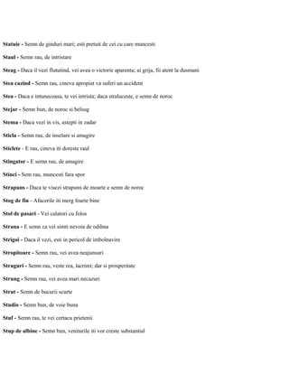 Statuie - Semn de ginduri mari; esti pretuit de cei cu care muncesti
Staul - Semn rau, de intristare
Steag - Daca il vezi flututind, vei avea o victorie aparenta; ai grija, fii atent la dusmani
Stea cazind - Semn rau, cineva apropiat va suferi un accident
Stea - Daca e intunecoasa, te vei intrista; daca straluceste, e semn de noroc
Stejar - Semn bun, de noroc si belsug
Stema - Daca vezi in vis, astepti in zadar
Sticla - Semn rau, de inselare si amagire
Sticlete - E rau, cineva iti doreste raul
Stingator - E semn rau, de amagire
Stinci - Sem rau, muncesti fara spor
Strapuns - Daca te visezi strapuns de moarte e semn de noroc
Stog de fin - Afacerile iti merg foarte bine
Stol de pasari - Vei calatori cu folos
Strana - E semn ca vei simti nevoia de odihna
Strigoi - Daca il vezi, esti in pericol de imbolnavire
Stropitoare - Semn rau, vei avea neajunsuri
Struguri - Semn rau, veste rea, lacrimi; dar si prosperitate
Strung - Semn rau, vei avea mari necazuri
Strut - Semn de bucurii scurte
Studio - Semn bun, de voie buna
Stuf - Semn rau, te vei certacu prietenii
Stup de albine - Semn bun, veniturile iti vor creste substantial
 