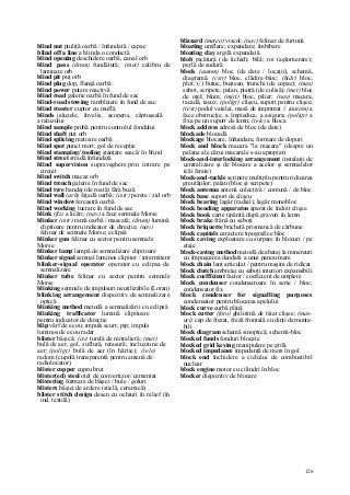 126
blind nut piuliţă oarbă / înfundată / capac
blind off a line a blinda o conductă
blind opening deschidere oarbă, canal orb
blind pass (drum) fundătură; (met) calibru de
laminare orb
blind pit puţ orb
blind plug dop, flanşă oarbă
blind power putere reactivă
blind road galerie oarbă în fund de sac
blind-road stowing rambleiere în fund de sac
blind roaster cuptor cu muflă
blinds jaluzele, înveliş, acoperiş, căptuşeală
a taluzului
blind sample probă pentru controlul fondului
blind shaft puţ orb
blind splicing matisire oarbă
blind spot punct mort; gol de recepţie
blind stamping/ tooling ştanţare seacă/ în blind
blind street stradă înfundată
blind supervision supraveghere prin intrare pe
circuit
blind switch macaz orb
blind trench galerie în fund de sac
blind tyre bandaj (de roată) fără buză
blind wall (arh) faţadă oarbă; (cstr) perete / zid orb
blind window fereastră oarbă
blind working lucrare în fund de sac
blink (fiz) a licări; (nav) a face semnale Morse
blinker (cstr) ramă oarbă / mascată; (drum) lumină
clipitoare pentru indicator de direcţie; (nav)
felinar de semnale Morse; eclipsă
blinker gun felinar cu sector pentru semnale
Morse
blinker lamp lampă de semnalizare clipitoare
blinker signal semnal luminos clipitor / intermitent
blinker-signal operator operator cu eclipsa de
semnalizare
blinker tube felinar cu sector pentru semnale
Morse
blinking semnale de impulsuri neutilizabile (Loran)
blinking arrangement dispozitiv de semnalizare
optică
blinking method metodă a semnalizării cu eclipsă
blinking trafficator lumină clipitoare
pentru indicator de direcţie
blip vârf de ecou; impuls scurt; pip; impuls
luminos de ecou radar
blister băşică; (av) turelă de mitralieră; (met)
bulă de aer, gol, suflură, retasură; incluziune de
aer; (poligr) bulă de aer (în hârtie); (tele)
radom (cupolă transparentă pentru antenă de
radiolocator)
blister copper cupru brut
blister(ed) steel oţel de convertizor/ cementat
blistering formare de băşici / bule / goluri
blisters băşici de ardere (sticlă, ceramică)
blister stitch design desen cu ochiuri în relief (în
ind. textilă)
blizzard (meteo) viscol; (nav) felinar de furtună
bloating umflare; expandare; îmbibare
bloating clay argilă expandată
blob picătură (de lichid); bilă; roi (aglomerare);
perlă de sudură
block (autom) bloc (de date / locaţii), schemă,
diagramă; (cstr) bloc, clădire-bloc; (hidr) bloc,
plot; (/) butuc, buştean, trunchi (de copac); (mas)
sabot, scripete, palan, piatră (de culisă); (met) bloc
de oţel; blum; (miri) bloc, pilier; (nav) macara,
tacadă, tacoz; (poligr) clişeu, suport pentru clişee;
(text) podul vatalei, masă de imprimat // (autom) a
face obstrucţie, a împiedica, a asigura; (poligr) a
fixa pe un suport de lemn; (tele) a bloca
block address adresă de bloc (de date)
blockade blocadă
blockage blocare, înfundare, formare de dopuri
block and block macara "la macara" (despre un
palane ale cărui macarale s-au apropiat)
block-and-interlocking arrangement instalaţii de
centralizare şi de blocare a acelor şi semnalelor
(căi ferate)
block-and-tackle scripete multiplu pentru ridicarea
greutăţilor; palan (bloc şi scripete)
block antenna antenă colectivă / comună / de bloc
block base suport de clişeu
block bearing lagăr (radial); lagăr monobloc
block bending apparatus aparat de îndoit clişee
block book carte tipărită după gravuri în lemn
block brake frână cu saboţi
block briquette brichetă prismatică de cărbune
block capitals caractere tipografice bloc
block caving exploatare cu surpare în blocuri / pe
etaje
block-caving method metodă de abataj la minereuri
cu împuşcarea deodată a unui panou mare
block chain lanţ articulat / pentru maşini de ridicat
block clutch ambreiaj cu saboţi interiori expansibili
block coeffîcient factor / coeficient de umplere
block condenser condensatoare în serie / bloc;
condensator fix
block condenser for signalling purposes
condensator pentru blocarea apelului
block curve curbă plină
block cutter (foto) ghilotină de tăiat clişee; (mas-
uri) cap de frezat, freză frontală cu dinţi dernonta-
bili
block diagram schemă sinoptică; schemă-bloc
blocked funds fonduri blocate
blocked grid keying manipulare pe grilă
blocked impedance impedanţă de mers în gol
block end închidere a ciclului de combustibil
nuclear
block engine motor cu cilindri în bloc
blocker dispozitiv de blocare
 