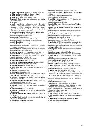 146
braking resistance of friction rezistenţă de frânare
braking surface suprafaţă de frecare a frânei
braking weight greutate de frânare
braking work lucru mecanic de frânare
Bramwell feed aparat de alimentare cu cântar
automat la carde
bran tarate
branch ramificaţie, bifurcaţie; salt; derivaţie;
ramură, braţ; branşament, cracă, conductor
secundar; filială, sucursală, domeniu; sector;
specialitate; fază // a deriva, a devia, a (se)
ramifica; a (se) bifurca // ramificat
branch address adresă de ramificaţie / de bifurcaţie
branch box cutie de derivaţie / de branşament
branch catch prinzător de noduri
branch chuck platou cu fălci
branch circuit circuit derivat / de ramificare
branch duet conductă secundară / de ramificaţie
branched ramificat
branched chain catenă ramificată
branched-chain compound combinaţie / compus
cu catenă ramificată
branched-chain group grupare cu catenă ramificată
branched chute jgheab pantalon
branched compound compus cu catenă ramificată
branched knot nod în mustaţă (în ind. lemnului)
branched list listă ramificată (având cel puţin o
celulă cu o legătură către o listă)
branched molecule moleculă ramificată
branched polymer polimer ramificat
branched resonant circuit'circuit rezonant paralel
branched structure structură ramificată
branch exchange centrală secundară
branch extension post telefonic suplimentar / în
derivaţie
branch fault falie ramificată
branch flange flanşă de priză
branch haulageway cale de transport care dever-
sează produsul în calea principală
branching bifurcaţie (în lanţul dezintegrărilor),
ramificaţie, derivaţie
branching chain reaction reacţie în lanţ ramificată;
reacţie de ramificare a catenei
branching channel canal de distribuţie
branching decay bifurcaţie (în lanţul dezintegră-
rilor)
branching faults falii cu ramificaţii
branching fraction fracţiune a ramificaţiilor
dezintegrării
branching instruction instrucţiune de ramifica-
ţie/de salt
branching jack jac fără contact de ruptură; jac în
paralel; jac de derivaţie
branching off bifurcaţie, derivaţie
branching of a river bifurcaţie a unui râu
branching ratio raport de ramificare; randament de
fisiune
branching trough jgheab de deviere
branch joint teu de derivaţie
branch line (el) circuit derivat; (cj) linie deviată,
cale ferată secundară
branch of delta braţ de deltă
branch office (mân) filială, sucursală; (tele) substa-
ţie (telefonică)
branch of knowledge ramură de cunoştinţe;
disciplină
branch of manufacture ramură/ domeniu indus-
trial(ă)
branch of ore ramificaţie filoniană
branch of science disciplină, ramură a unei ştiinţe
branch of a vein ramură de filon
branch on error salt la eroare program
branch piece piesă / flanşă de derivaţie
branch pipe (hidr) branşament, ţeava de derivaţie;
(mas) teu; ramificaţie a conductei principale
branch point (TH) punct de ramificaţie; (tele) nod
(al unei reţele); priză
branch-point stream line linie de curent la ramifi-
caţie
branch resistance rezistenţă în derivaţie
branch road drum lateral / vicinal / de ramificaţie
branch rod (auto) bielă motoare; (mas) tijă de
piston
branch spur linie de branşament / derivaţie
branch statement instrucţiune de salt
branch strip regletă de derivaţie
branch-T cutie de conexiune / derivaţie / doză T
branch terminal clemă / bornă de derivaţie;
branşament
branch terminal line linie ferată terminus
branch track linie deviată; drum deviat
brand (agr) mălură (Tilletia tritici); (TH) marcă de
fabricaţie; sort, sortiment, calitate//a însemna; a a
arde cu fierul roşu; (text) a marca, a însemna; a
arde
branded goods mărfuri care poartă o marcă de
fabrică
branded oil ulei de calitate
„branding" by axe cioplaj (în silvicultură)
branding iron fier de încrestat; ciocan marcator;
ştampilă incandescentă (în ind. lemnului)
brand manager director însărcinat cu promovarea
şi comercializarea unui produs
brand new perfect nou
brand rating apreciere a unei mărci de fabrică
brand share pondere a unei mărci de fabrică (pe
piaţă)
brands in the running mărci curente pe piaţă
brandy rachiu, coniac, brandy
 