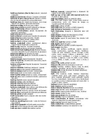 160
build-up of picture (line by line) sinteză / structură
a imaginii
build-up of pressure refacere / creştere a presiunii
build-up of space charge layers formare a stratu-
rilor de sarcină spaţială (la semiconductoare)
build-up time (fiz) durată de formare; (tele) timp
(durată) de stabilire; perioadă tranzitorie
build-up welding încărcare prin sudură
built beam with keys grindă îmbinată cu buloane
built-in addressing adresare sintetizată
built-in aerial/antenna antenă încoiporată (în
interiorul aparatului)
built-in beam grindă încastrată
built-in blinker semnalizator încastrat în caroserie
built-in burner arzător încastrat / înzidit
built-in cab cabină închisă, pentru şoferi
built-in check verificare automată
built-in crankshaft arbore confecţionat dintr-o
singură bucată împreună cu manivela
built-in edge margine / bordură încastrată
built-in feed mecanism de înaintare înglobat
built-in feed back holding brake frână de blocare
cu reacţie integrată (la servoelemente de acţionare)
built-in headlamp far încastrat în aripă
built-in hydraulic jack cric hidraulic montat în
mod permanent
built-in magnet magnet încorporat / încastrat
built-in reactivity excedent de reactivitate, reacti-
vitate excedentară
built-in refrigerator frigider încorporat / încastrat/
zidit (în nişă)
built-in reliability fiabilitate intrinsecă / internă
built-on piece piesă ajustată (suplimentară)
built-on pump pompă cu motor, motopompă
built soap săpun cu mai mulţi componenţi
built-together pump pompă cu motor, motopompâ
built-up area zonă construită/clădită; aglomerare
(de case)
built-up barrel toroid, cameră toroidală
built-up casing cofraj prefabricat
built-up concrete beton prefabricat
built-up connection legătură de tranzit
built-up crankshaft (auto) arbore cotit fabricat din
bucăţi; (mas) arbore cotit demontabil
built-up factor factor de corecţie, factor de formare
built-up floor pardoseală din elemente prefabricate
built-up girder grindă compusă
built-up member bară compusă (din mai multe
elemente)
built-up mica micanită
built-up moulding box ramă / cutie de formare
demontabilă
built-up propaganda reclamă pentru un produs
built-up roof învelitoare din mai multe straturi
built-up rotary switch întrerupător-pachet
built-up sequence consecutivitate a depunerii (la
sudare în mai multe straturi)
built-up type of face mill with inserted teeth freză
frontală cu dinţi aplicaţi
built-up welding sudură cu metal de adaos
bulb (TH) bulb, băşică, bulă; (chim) balon rezervor
(termometru); cuvă; (el) balon de lampa cu
incandescenţă/tub electronic
bulb angle cornier cu bulb
bulb angle iron fier cornier cu bulb (ciupercă)
bulb barometer barometru cu rezervor
bulb blackening înnegrite a balonului unui tub
electronic
bulb column coloană (de fracţionare) cu bule
bulb condenser refrigerent cu bule
bulb holder suport al unui balon/ bec electric/ tub
electronic
bulb-iron angle bar cornier cu bulb
bulb pipette pipetă de gaze
bulb rall iron fier profilat cu bulb (ciupercă)
bulb stopper dop sferic
bulge (TH) umflare, umflătură, cupolă; proemi-
nenţă, convexitate, ieşitură, lărgire, bombare;
ventru (al unei oscilaţii); (drum) cocoaşă a unei
curbe; (mân) urcare/ ridicare a preţurilor; (mei)
clocaj; (miri) umflătură // a lărgi; a rotunji; a
bomba; a îngroşa; a ieşi în afară, a (se) umfla;
(cstr) a dăltui, a ciopli, a scobi; {met) a evaza, a
mandrina
bulge of the earth curbură terestră
bulge pro file profil (de laminare) cu nervură
bulging bombare, umflare; lărgire; ieşire în afară;
rotunjire; strâmbare, deviere (a axei unei bare)
bulging lathe strung de presat/ de planat (drucbanc)
bulging out bombare
bulk (TH) mulţime, masă, mărime; majoritate;
cantitate mare; gros; corp masiv/ compact; (fiz)
gros, cantitate principală; (mân) grămadă; (marfă
în) vrac; încărcătură, volum mare; (nav) încărcătură
(a vasului); (poligr) volum/grosime a(l) unei cărţi// a
umple, a vărsa, a turna
bulkage înfoiere (datorită umidităţii)
bulk analysis analiză generală
bulk avalanche thyristor tiristor cu avalanşă
bulk cargo mărfuri/ carie/ încărcătură în vrac
bulk carrier cargou pentru marfă în vrac, vrachier
bulk cement ciment în vrac
bulk cement plant siloz de ciment
bulk classing clasare a loturilor de lână
bulk concentration of donors concentraţie volu-
metrică a donorilor (la semiconductoare)
bulk concrete beton în masă/ în vrac
bulk conductivity conductibilitate globală
bulk container conteiner de material în vrac
 