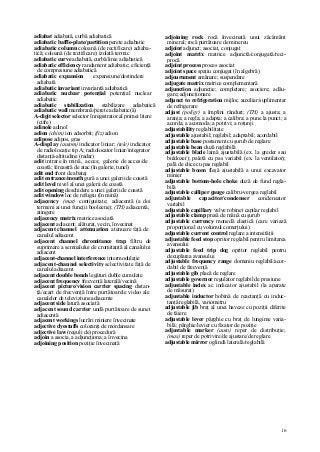 16
adiabat adiabată, curbă adiabatică
adiabatic baffle-plate/partition perete adiabatic
adiabatic column coloană (de rectificare) adiaba-
tică; coloană (de rectificare) izolată termic
adiabatic curve adiabată, curbă/linie adiabatică
adiabatic efficiency randament adiabatic; eficienţă
de compresiune adiabatică
adiabatic expansion expansiune/destindere
adiabată
adiabatic invariant invariantă adiabatică
adiabatic nuclear potenţial potenţial nuclear
adiabatic
adiabatic stabilization stabilizare adiabatică
adiabatic wall membrană/perete adiabatic(ă)
A-digit selector selector înregistrator al primei litere
(cifre)
adinole adinol
adion (chim) ion adsorbit; (fiz) adion
adipose adipos, gras
A-dispIay (autom) indicator liniar; (tele) indicator
de radiolocaţie tip A; radiolocator liniar/integrator
distanţă-altitudine (radar)
adit intrare în mină, acces; galerie de acces/de
coastă; fereastră de atac (în galerie, tunel)
adit end front de abataj
adit entrance/mouth gură a unei galerii de coastă
adit level nivel al unei galerii de coastă
adit opening deschidere a unei galerii de coastă
adit window loc de refugiu (în mină)
adjacency (mat) contiguitate; adiacentă (a doi
termeni ai unei funcţii booleene); (TH) adiacentă,
atingere
adjacency matrix matrice asociată
adjacent adiacent; alăturat, vecin, învecinat
adjacent channel attenuation atenuare faţă de
canalul adiacent
adjacent channel chromitance trap filtru de
suprimare a semnalului de cromitanţă al canalului
adiacent
adjacent-channel interference intermodulaţie
adjacent-channel selectivity selectivitate faţă de
canalul adiacent
adjacent double bonds legături duble cumulate
adjacent frequency frecvenţă laterală/vecină
adjacent picture/vision carrier spacing distan-
ţă/ecart de frecvenţă între purtătoarele video ale
canalelor de televiziune adiacente
adjacent side latură asociată
adjacent sound carrier undă purtătoare de sunet
adiacentă
adjacent workings lucrări miniere învecinate
adjective dyestuffs coloranţi de mordansare
adjective law (reguli de) procedură
adjoin a asocia, a adjuncţiona; a învecina
adjoining position poziţie învecinată
adjoining rock rocă învecinată unui zăcământ
mineral; rocă purtătoare de minereu
adjoint adjunct; asociat, conjugat
adjoint matrix matrice adjunctă/conjugată/reci-
procă
adjoint process proces asociat
adjoint space spaţiu conjugat (în algebră)
adjournment amânare; suspendare
adjugate matrix matrice complementară
adjunction adjuncţie; completare; asociere; adău-
gare; adjuncţionare
adjunct to refrigeration mijloc auxiliar/suplimentar
de refrigerare
adjust (poligr) a împlini rânduri; (TH) a ajusta; a
aranja; a regla; a adapta; a calibra; a pune la punct; a
acorda; a acomoda; a potrivi; a rotunji
adjustability reglabilitate
adjustable ajustabil; reglabil; adaptabil; acordabil
adjustable base postament cu şurub de reglare
adjustable bean duză reglabilă
adjustable blade lamă ajustabilă (ex. la greder sau
buldozer); paletă cu pas variabil (ex. la ventilator);
pală de elice cu pas reglabil
adjustable boom fleşă ajustabilă a unui excavator
minier
adjustable bottom-hole choke duză de fund regla-
bilă
adjustable calliper gauge calibru-vergea reglabil
adjustable capacitor/condenser condensator
variabil
adjustable capillary valve robinet capilar reglabil
adjustable clamp presă de mână cu şurub
adjustable currency monedă elastică (care variază
proporţional cu volumul comerţului)
adjustable current control reglare a intensităţii
adjustable feed stop opritor reglabil pentru limitarea
avansului
adjustable feed trip dog opritor reglabil pentru
decuplarea avansului
adjustable frequency range domeniu reglabil/acor-
dabil de frecvenţă
adjustable gib placă de reglare
adjustable governor regulator reglabil de presiune
adjustable index ac indicator ajustabil (la aparate
de măsurat)
adjustable inductor bobină de reactanţă cu induc-
tanţă reglabilă, variometru
adjustable jib braţ al unei haveze cu poziţii diferite
de tăiere
adjustable lever pârghie cu braţ de lungime varia-
bilă; pârghie/levier cu fixator de poziţie
adjustable marker (auto) reper de distribuţie;
(mas) reper de potrivire/de ajustare/de reglare
adjustable mirror oglindă laterală/reglabilă
 