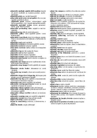 17
adjustable multiple spindle drill machine maşină
de găurit multiplă cu reglarea poziţiei axelor
principale
adjustable pitch pas variabil/ajustabil
adjustable-pitch airscrew/propeller elice cu pas
reglabil/variabil (în zbor)
adjustable point (autom) valoare/punct regla-
bil(ă)/ajustabil(ă); (inj) virgulă deplasabilă/mobilă
adjustable potenţial system sistem generator-
motor, grup Ward-Leonard
adjustable preloading valve supapă cu sarcina
reglabilă
adjustable prop stâlp de mină telescopic
adjustable pulley roată reglabilă pentru curea
trapezoidală
adjustable (ram) block placă de strângere pentru
fixarea mecanismului de deplasare a berbecului (la
şeping)
adjustable reed spată reglabilă
adjustable resistance rezistenţă reglabilă; reostat
adjustable restrictor reductor reglabil
adjustable restrictor valve robinet de strangulare
reglabil
adjustable ring inel de reglare/de fixare
adjustable rod tijă/bară reglabilă
adjustable shutter jaluzea reglabilă
adjustable spanner cheie reglabilă/universală
adjustable speed motor motor electric cu reglare (a
vitezei de rotaţie)
adjustable spot lamp proiector suplimentar orien-
tabil pentru autovehicule
adjustable strap hanger bridă reglabilă de suspen-
sie
adjustable stroke feeder alimentator cu cursă
variabilă
adjustable ţap wrench cheie universală pentru
tarozi
adjustable trigger-level triggering declanşare prin
impuls cu nivel declanşator reglabil
adjustable trip dog camă reglabilă a mecanismului
de inversare automată a mişcării
adjustable vane paletă reglabilă (de turbină)
adjustable varying-speed motor motor cu viteză
reglabilă în funcţie de sarcină
adjustable voltage control reglare de tensiune
adjustable voltage divider potenţiometru/divizor
de tensiune reglabil
adjustable voltage rectifier redresor cu tensiune
reglabilă
adjustable warping cone con reglabil (adaptabil)
adjustable wrench cheie franceză/universală
adjust a bearing a ajusta un cuzinet
adjust by measuring a măsura, a dimensiona, a
ajusta
adjust the clutch a regla ambreiajul
adjust the compass a stabili/a fixa direcţia acului
busolei
adjusted corectat (ca valoare); cu corecţie; reglat
adjusted for altitude cu corecţie de altitudine
adjusted for tracking reglat pentru sincronism
adjust an engine a regla un motor
adjuster (tele) regulator; dispozitiv de reglaj fin;
dispozitiv de ajustare; (TH) tijă/şurub de reglaj;
montor; instalator; ajustor
adjuster boit şurub de reglare
adjust for wear ajustare pentru compensarea uzurii
adjusting punere la punct//reglabil; ajustabil; de
reglare, de ajustare
adjusting clip placă de strângere; clemă reglabilă
adjusting collar/ring inel/colier de reglare/de
montare
adjusting control reglare
adjusting ear ureche de întindere
adjusting gauge calibru/şablon de reglare
adjusting key pană de reglare; cheie cu deschidere
reglabilă
adjusting knob buton de reglare
adjusting machine maşină de netezit
adjusting nut piuliţă de reglare/de fixare
adjusting of the lithostone potrivire a pietrei
litografice
adjusting piece (mas, met) piesă de ajustare; (petr)
niplu de fixare
adjusting pin (auto) ştift/cui de ajustare; (mas) ştift
de centrare
adjusting plate liră; placă de îndreptare
adjusting regulation instrucţiune de reglare
adjusting roller val de reglare a registrului (în
poligrafie)
adjusting screw şurub/fus filetat de reglare
adjusting shop atelier de ajiistare/de verificare/de
montaj
adjusting slide sertar de potrivire/de reglare/de
ajustare
adjusting slider contact alunecător
adjusting strip placă de reglare; piesă/fâşie de
adaos
adjust a lens a regla o lentilă
adjustment ajustare, reglare, potrivire; compensare;
acordare; aranjare; asamblare; corectare; netezire;
păsuire; punere la punct; rectificare; regularizare
adjustment curve curbă de racordare
adjustment for definition (foto) punere la punct (a
obiectivului); (poligr, tele) reglare a clarităţii (unei
imagini)
adjustment for length of stroke ajustare/reglare a
lungimii cursei
adjustment for position of stroke ajustare/reglare
cursei în raport cu piesa de prelucrat
 