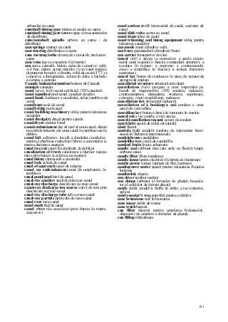 181
arborelui cu came
camshaft timing gear pinion al axului cu came
camshaft timing gear cover capac al mecanismului
de distribuţie
cam/camshaft spindle arbore cu came / de
distribuţie
cam springs contact cu camă
cam steering distribuţie cu came
cam turning lathe strung de copiat/de prelucrat
came
cam yoke jug cu excentric (la linotip)
can cutie, canistră, bidon, cutie de conserve; oală;
(el) bac; pahar; ecran metalic; (text) cană (pentru
depunerea benzii); cilindru, tobă de uscat//(77/) a
conserva, a înmagazina, a pune în cutie, a închide;
a ecrana, a capsula
Canada balsam/turpentine balsam de Canada
canaigre canaigra
canal (geog, hidr) canal artificial; (TH) canelură
canal aqueduct pod-canal; apeduct deschis
canal bank înclinare a canalului; taluz/rambleu de
canal
canal boat navă de canal
canal bridge pod-canal
canal building machinery utilaj pentru taluzarea
canalelor
canal dredge(r) dragă pentru canale
canal dryer uscător tunel
canal embankment dig de mal al unui canal; diguri
pe ambele taluzuri ale unui canal în rambleu sau în
debleu
canal fali adâncire locală a fundului canalului,
pentru coborârea suprafeţei libere a curentului şi
pentru disiparea energiei
canal in a cut canal (în săpătură, în debleu)
canalization of rivers canalizare a râurilor (asigu-
rarea prin barare şi ecluze a navigaţiei)
canal lining căptuşeală a canalului
canal lock ecluză de canal
canal of approach canal de aducţie
canal on embankment canal (în umplutură, în
rambleu)
canal pond/pool bief de canal
canal-ray analisys analiză prin raze-canal
canal-ray discharge descărcare cu raze-canal
canal-ray discharge ion source sursă de ioni prin
descărcare cu raze-canal
canal-ray discharge tube tub cu raze-canal
canal-ray partide particulă de raze-canal
canal rays raze-canal
canal reach bief de canal
canal river râu canalizat (prin barare în trepte
succesive)
canal section profil transversal de canal, secţiune de
canal
canal slide valve sertar cu canal
canal slope taluz de canal
canal trimming and lining equipment utilaj pentru
taluzarea canalelor
can anode anod cilindric/-oală
can buoy geamandură cilindrică/-butoi
can carrier transportor de căni
cancel (inf) a şterge (o memorie); a anula (conţi-
nutul unui registru/o funcţie comandată anterior); a
readuce în repaus; a suprima; a contramanda;
(mat) a simplifica (o fracţie); a reduce (termenii
asemenea)
cancel key buton de readucere în stare de repaus/de
ştergere/de anulare
cancellated structure structură reticulară
cancellation (tele) ştergere a unei imprimări pe
bandă de magnetofon; (TH) anulare; reducere;
contramandare; denunţare; stornare; suprimare,
extincţie; (mat) simplificare, reducere
cancellation law principiul reducerii
cancellation of a booking/a caii anulare a unei
cereri de convorbire
cancelling key buton (cheie) de repunere în poziţie
cancel out a (se) anula, a (se) şterge
cancel/cancellation request cerere de anulare
canch hole gaură de mină orizontală
când fluorit
candela (cd) candelă (unitate de intensitate lumi-
noasă în Sistemul internaţional)
candelabrum candelabru
candelilla wax ceară de candelilla
candied fruits fructe zaharisite
candle coal cărbune mat care arde cu flacără lungă,
cărbune canei
candle filter filtru-lumânare
candle lamp lampă electrică (în formă de) lumânare
candle power lumen (unitate de flux luminos)
candiepower meter aparat pentru măsurarea fluxului
luminos
candlestick sfeşnic
can dryer tambur uscător
can dump culbutor al formelor de gheaţă; bascula-
tor al celulelor de format gheaţă
candy zahăr candel//a fierbe în zahăr, a (se) zaharisi,
aglasa
candy-maker's wax parafină pentru cofetărie
cane brimstone sulf în bastoane
cane sugar zahăr de trestie
cane trash bagasă
can filler maşină pentru umplerea bidoanelor;
dispozitiv de umplere a formelor de gheaţă
can filling îmbidonare
 