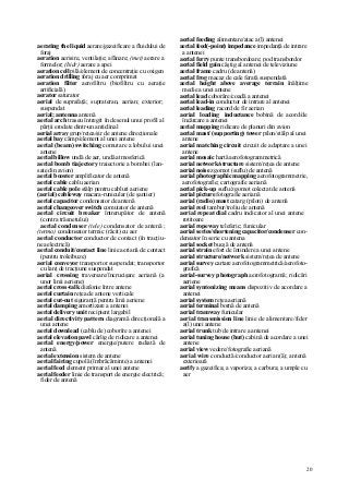 20
aerating the liquid aerare/gazeificare a fluidului de
foraj
aeration aerisire, ventilaţie; afânare; (met) aerare a
formelor; (hidr) aerare a apei
aeration cell pilă/element de concentraţie cu oxigen
aeration drilling foraj cu aer comprimat
aeration filter aerofiltru (biofiltru cu aeraţie
artificială)
aerator saturator
aerial de suprafaţă; suprateran, aerian; exterior;
suspendat
aerial; antenna antenă
aerial arch traseu întregit în desenul unui profil al
părţii erodate dintr-un anticlinal
aerial array grup/reţea/şir de antene direcţionale
aerial bay câmp/element al unei antene
aerial (beam) switching comutare a lobului unei
antene
aerial billow undă de aer, undă atmosferică
aerial bomb tiajectory traiectorie a bombei (lan-
sate din avion)
aerial booster amplificator de antenă
aerial cable cablu aerian
aerial cable pole stâlp pentru cabluri aeriene
(aerial) cableway macara-runicular (de şantier)
aerial capacitor condensator de antenă
aerial changeover switch comutator de antenă
aerial circuit breaker întrerupător de antenă
(contra trăsnetului)
aerial condenser (tele) condensator de antenă ;
(termo) condensator termic (răcit) cu aer
aerial conductor conductor de contact (în tracţiu-
nea electrică)
aerial conduit/contact line linie aeriană de contact
(pentru troleibuze)
aerial conveyor transportor suspendat; transportor
cu lanţ de tracţiune suspendat
aerial crossing traversare/încrucişare aeriană (a
unor linii aeriene)
aerial cross-talk diafonie între antene
aerial curtain reţea de antene verticale
aerial cut-out siguranţă pentru linii aeriene
aerial damping amortizare a antenei
aerial delivery unit recipient largabil
aerial directivity pattern diagramă direcţională a
unei antene
aerial downlead (cablu de) coborîre a antenei
aerial elevation pawl cârlig de ridicare a antenei
aerial energy/power energie/putere radiată de
antenă
aerial extension sistem de antene
aerial fairing cupolă (îmbrăcăminte) a antenei
aerial feed element primar al unei antene
aerial feeder linie de transport de energie electrică;
fider de antenă
aerial feeding alimentare/atac a(l) antenei
aerial feed(-point) impedance impedanţă de intrare
a antenei
aerial ferry punte transbordoare; pod transbordor
aerial field gain câştig al antenei de televiziune
aerial frame cadru (de antenă)
aerial frog macaz de cale ferată suspendată
aerial height above average terrain înălţime
medie a unei antene
aerial lead coborâre/coadă a antenei
aerial lead-in conductor de intrare al antenei
aerial leading racord de fir aerian
aerial loading inductance bobină de acord/de
încărcare a antenei
aerial mapping ridicare de planuri din avion
aerial mast/ (supporting) tower pilon/stâlp al unei
antene
aerial matching circuit circuit de adaptare a unei
antene
aerial mosaic hartă aerofotogrammetrică
aerial network/structure sistem/reţea de antene
aerial noise zgomot (suflu) de antenă
aerial photographic mapping aerofotogrammetrie,
aerofotografie; cartografie aeriană
aerial pick-up suflu/zgomot colectat de antenă
aerial picture fotografie aeriană
aerial (radio) mast catarg (pilon) de antenă
aerial reel tambur/troliu de antenă
aerial repeat dial cadru indicator al unei antene
rotitoare
aerial ropeway teleferic; funicular
aerial series/shortening capacitor/condenser con-
densator în serie cu antena
aerial socket bucşă de antenă
aerial strain efort de întindere a unei antene
aerial structure/network sistem/reţea de antene
aerial survey cartare aerofotogrammetrică/aerofoto-
grafică
aerial-survey photograph aerofotogramă; ridicări
aeriene
aerial syntonizing means dispozitiv de acordare a
antenei
aerial system reţea aeriană
aerial terminal bornă de antenă
aerial tramway funicular
aerial transmission line linie de alimentare/fider
a(l) unei antene
aerial trunk tub de intrare a antenei
aerial tuning house (hut) cabină de acordare a unei
antene
aerial view vedere/fotografie aeriană
aerial wire conductă/conductor aerian(ă); antenă
exterioară
aerify a gazeifica; a vaporiza; a carbura; a umple cu
aer
 