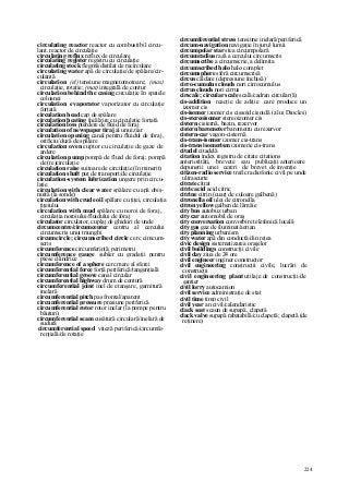 224
circulating reactor reactor cu combustibil circu-
lant, reactor de circulaţie
circulating reflux reflux de circulare
circulating register registru cu circulaţie
circulating stock flegmă/distilat de recirculare
circulating water apă de circulaţie/de spălare/cir-
culantă
circulation (el) tensiune magnetomotoare; (mas)
circulaţie, rotaţie; (mat) integrală de contur
circulation behind the casing circulaţie In spatele
coloanei
circulation evaporator vaporizator cu circulaţie
forţată
circulation head cap de spălare
circulation heating încălzire cu circulaţie forţată
circulation loss pierdere de fluid de foraj
circulation of newspaper tiraj al unui ziar
circulation opening canal pentru fluidul de foraj,
orificiu/duză de spălare
circulation oven cuptor cu circulaţie de gaze de
ardere
circulation pump pompă de fluid de foraj; pompă
de (re)circulaţie
circulation raise suitoare de circulaţie (în minerit)
circulation shaft puţ de transport/de circulaţie
circulation-system lubrication ungere prin circu-
laţie
circulation with clear water spălare cu apă obiş-
nuită (la sonde)
circulation with crude oil spălare cu ţiţei, circulaţia
ţiţeiului
circulation with mud spălare cu noroi de foraj,
circulaţia noroiului/fluidului de foraj
circulator circulator, cuplaj de ghiduri de unde
circumcentre/circumcenter centru al cercului
circumscris unui triunghi
circumcircle; circumscribed circle cerc cimcum-
scris
circumference circumferinţă; perimetru
circumference gauge şubler cu gradaţii pentru
piese cilindrice
circumference of a sphere cerc mare al sferei
circumferential force forţă periferică/tangenţială
circumferential groove canal circular
circumferential highway drum de centură
circumferential joint inel de etanşare, garnitură
inelară
circumferential pitch pas frontal/aparent
circumferential pressure presiune periferică
circumferential rotor rotor inelar (la pompe pentru
băuturi)
circumferential seam cusătură circulară/inelară de
sudură
circumferential speed viteză periferică/circumfe-
renţială/de rotaţie
circumferential stress tensiune inelară/periferică
circum-navigation navigaţie în jurul lumii
circumpolar star stea circumpolară
circumradius rază a cercului circumscris
circumscribe a circumscrie, a delimita
circumscribed halo halo complet
circumsphere sferă circumscrisă
circus căldare (depresiune închisă)
cirro-cumulus clouds nori cirrocumulus
cirrus clouds nori cirrus
cirscale; circular scale scală/cadran circular(ă)
cis-addition reacţie de adiţie care produce un
izomer cis
cis-isomer izomer cis cissoid cisoidă (a lui Diocles)
cis-stereoisomer stereoizomer cis
cistern cisternă, bazin, rezervor
cistern barometer barometru cu rezervor
cistern-car vagon-cisternă
cis-trans-isomer izomer cis-trans
cis-trans isomerism izomerie cis-trans
citadel citadelă
citation index registru de citate citations
anteriorităţi, brevete sau publicaţii anterioare
depunerii unei cereri de brevet de invenţie
citizen-radio service trafic radiofonic civil pe unde
ultrascurte
citrate citrat
citric acid acid citric
citrine citrin (cuarţ de culoare galbenă)
citronella oil ulei de citronella
citron yellow galben de lămâie
city bus autobuz urban
city car automobil de oraş
city conversation convorbire telefonică locală
city gas gaz de iluminat/aerian
city planning urbanism
city water apă din conductă/din reţea
civic design sistematizarea oraşelor
civil buildings construcţii civile
civil day ziua de 24 ore
civil engineer inginer constructor
civil engineering construcţii civile, lucrări de
construcţii
civil engineering plant utilaje de construcţii/de
şantier
civil lorry autocamion
civil service administraţie de stat
civil time timp civil
civil year an civil/calendaristic
clack seat scaun de supapă, clapetă
clack valve supapă rabatabilă/cu clapetă; clapetă (de
reţinere)
 