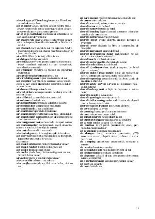25
air-cell type of Diesel engine motor Diesel cu
cameră de acumulare
air chamber (auto) cameră de aer pentru pneu;
(mas) rezervor de aer/de amortizare; dom de aer;
rezervor de amortizare pentru pompe
air-change coefficient coeficient al schimbului de
aer, coeficient de ventilaţie
air-change rate grad/viteză a(l) schimbului de aer;
ritm de împrospătare/de reînnoire/de schimbare a
aerului
air channel (met) canal de aer (la cuptoare S.M.);
(min) canal de aeraj air checks bule/băşici de aer air
chest cutie de vânt
air chill înălbire (a fontei); călire în aer
air chipper daltă pneumatică
air chuck (auto) ventil pentru camere pneumatice;
(mas) mandrină acţionată cu aer comprimat;
mandrină pneumatică
air chucking prindere (a piesei) în mandrină
pneumatică
air circuit-breaker întrerupător cu aer
air circulating oven cuptor cu circulaţie de aer
air classifier (agr) trior de seminţe; (min) clasifi-
cator cu aer; clasor pneumatic; separator cu aer/în
curent de aer
air cleaner filtru/epurator de aer
air coal picker ciocan pneumatic de abataj air cock
robinet de aer
air coil bobină cu aer/fără miez, solenoid
air column coloană de aer
air compartment cameră de ventilaţie/de aeraj
air compensator compensator pneumatic
air-conditioned cu aer condiţionat
air-conditioner aparat de climatizare
air-conditioning condiţionare a aerului, climatizare
air-conditioning cupboard dulap de climatizare/de
condiţionare a aerului
air consignment note scrisoare de transport aerian
air contaminanl(s) contaminanţi, agenţi de conta-
minare a aerului; impurităţi ale aerului
air control comandă pneumatică
air-control gate vană de reglare a debitului de aer
air conveyor instalaţie pneumatică de transport,
transportor pneumatic air-cooled
răcit cu aer
air-cooled intercooler răcitor intermediar de aer
air-cooled reactor reactor cu răcire cu aer
air-cooled steel oţel călit în aer
air cooler (ind chim) răcitor/refrigerent cu aer;
(termo) răcitor de aer
air cooling răcire a aerului; răcire cu aer
air-core cable cablu cu miez de aer
air core(d) cu miez de aer; fără miez de fier; răcit cu
aer
air core magnet magnet fără miez (cu miez de aer)
air course curent de aer
aircraft aeronavă; avion; avioane; aviaţie
aircraft arms arme de bord
aircraft battery baterie de bord
aircraft bonding legare la masă a tuturor obiectelor
metalice ale unui avion
aircraft carrier navă/vas portavion
aircraft effect eroare datorită antenei trenante a
avionului
aircraft error deviaţie la bord a compasului de
navigaţie
aircraft instrument aparat de bord
aircraft-interception radar radiolocator pe sol
pentru interceptarea avioanelor
aircraft mar k emblemă de avion
aircraft motor gasoline benzină de aviaţie
aircraft radio radiostaţie de bord
aircraft (radio)receiver (radio)receptor de bord
(pentru avioane)
aircraft radio signal station staţie de radioemisie
pentru comunicaţii aeriene, staţie radio de bord
aircraft-reporting area distanţă de zbor; zonă de
anunţare a zborului
aircraft-safety service serviciu al siguranţei navi-
gaţiei aeriene
aircraft-salvage unit echipă de depanare a avioa-
nelor
aircraft sounding aviosondaj
aircraft spotting observaţie aeriană
aircraft tail warning radar radiolocator de alarmă
montat în coada avionului
aircraft-type instrument instrument de bord
air crew echipaj de avion
air crossing încrucişare la aerajul subteran
air cure vulcanizare cu aer cald
air-cured concrete beton întărit în aer
air-current regulator uşă de aeraj cu fereastră
air curtain perdea de aeraj (în minerit)
air cushion (met) pernă pneumatică; (min) per-
nă/saltea/tampon de aer
air cushioning suspensie pneumatică
air damper (mas) amortizor pneumatic; (TH)
amortizor cu aer; clapetă de aer; robinet cu sertar
pentru aer
air damping amortizare pneumatică; umezire a
aerului
air density densitate a aerului
air depolarized cell pilă cu depolarizant de aer
air discharge pipe conductă de aerisire
air dispenser coloană de aer; post pentru distribuirea
aerului comprimat
air-distributing main conductă principală de aer
air door uşă de aeraj
air dose doză de aer
 