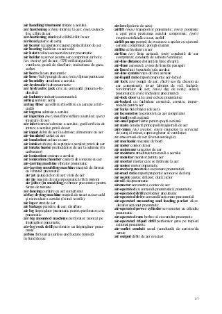 27
air handling/treatment tratare a aerului
air hardening (chim) întărire la aer; (met) autocă-
lire, călire în aer
air-hardening steel oţel călibil/călit în aer
air head galerie de aeraj
air heater recuperator/cauper/preîncălzitor de aer
air heating încălzire cu aer cald
air hoist troliu/ascensor/elevator pneumatic
air holder rezervor pentru aer comprimat air hole
(av, meteo) gol de aer; (TH) orificiu/gură de
ventilare; gaură de răsuflare; incluziune de gaze,
sufluri
air horn claxon pneumatic
air hose (hidr) pungă de aer; (min) fijrtun pentru aer
air humidity umiditate a aerului
air-hydraulic hidropneumatic
air hydraulic jack cric cu comandă pneumo-hi-
draulică
air industry industrie aeronautică
airing aerisire; aeraj
airing filter aerofiltru (biofiltru cu aeraţie artifi-
cială)
air ingress admisie a aerului
air injection (met) insuflare/suflare a aerului; (petr)
injectare de aer
air inlet intrare/admisie a aerului; gură/orificiu de
intrare a aerului; priză de aer
air input debit de aer la admisie; alimentare cu aer
air-insulated izolat cu aer
air insulation izolare cu aer
air intake tub/ştuţ de aspiraţie a aerului; priză de aer
air intake heater preîncălzitor de aer la admisie (în
carburator)
air ionization ionizare a aerului
air ionization chamber cameră de ionizare cu aer
air-jarring machine vibrator pneumatic
air-jarring moulding machine maşină de format
cu vibrator pneumatic
air jet ajutaj/jiclor de aer; vână de aer
air jig maşină de zeţaj pneumatică (fără piston)
air jolter (in moulding) vibrator pneumatic pentru
forme de turnare
air lancing curăţire cu aer comprimat
airlay drying machine maşină de uscat cu aer cald
şi recirculare a aerului (în ind. textilă)
air layer strat de aer
air leakage pierdere de aer; răsuflare
air leg împingător pneumatic pentru perforator; cric
pneumatic
air leg mounted machine perforator montat pe
împingător pneumatic
air-leg rock drill perforator cu împingător pneu-
matic
airless fără aer(aj) airless end lucrare minieră
în fund de sac
air-level galerie de aeraj
airlift (mas) transportor pneumatic; (min) pompare
a apei prin presiunea aerului comprimat; (petr)
erupţie artificială cu aer, aerlift
airlift pump pompă de evacuare a apelor cu ajutorul
aerului comprimat; pompă mamut
airlike echivalent cu aer
air-line (av) linie aeriană; (min) conductă de aer
comprimat; conductă de aerisire/ventilaţie
air-line distance distanţă în linie dreaptă
air-liner aeronavă; avion de linie/de pasageri
air lines linii (spectrale) ale aerului
air-line system reţea de linii aeriene
air-liquid ratio raport/proporţie aer-lichid
air lock (av) pungă de aer; (hidr) sas (la cheson cu
aer comprimat); (mas) labirint de vid; închiză-
tor/obturator de aer; (min) dig de aeraj; ecluză
pneumatică; (tele) închidere pneumatică
air-lock door uşă a unei ecluze pneumatice
air-locked cu închidere ermetică, ermetic; imper-
meabil pentru aer
air locks bule/băşici (de aer)
air locomotive locomotivă cu aer comprimat
air inail poştă aeriană
air-mail paper hârtie pentru poştă aeriană
air main conductă principală/magistrală de aer
air(-)man (av) aviator; (min) muncitor la serviciul
de aeraj al minei, supraveghetor al ventilaţiei
air-mass masă de aer (în meteorologie)
air mechanic mecanic de bord
air meter contor de aer
air moistener umezitor de aer
air moisture umiditate/umezeală a aerului
air monitor monitor pentru aer
air mortar mortar care se întăreşte la aer
air motor motor pneumatic
air-motor powered cu acţionare pneumatică
air-mud ratio raport/proporţie aer-noroi de foraj
air nozzle ajutaj; difuzor; duză; jiclor
air-oil oleopneumatic
airometer aerometru, contor de aer
air-operated cu comandă pneumatică; pneumatic
air-operated drill perforator pneumatic
air-operated drive comandă/acţionare pneumatică
air-operated measuring and loading pocket siloz-
dozator acţionat pneumatic
air-operated power cylinder servomotor cu cilindru
pneumatic
air-operated ram berbec al ciocanului pneumatic
air-operated tripod drill perforator greu pe trepied
acţionat pneumatic
air-outlet conduit canal (conductă) de aerisire/de
aerare
air output debit de aer evacuat
 
